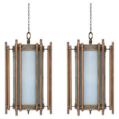Monumental Pair of American Art Deco Hanging Lanterns