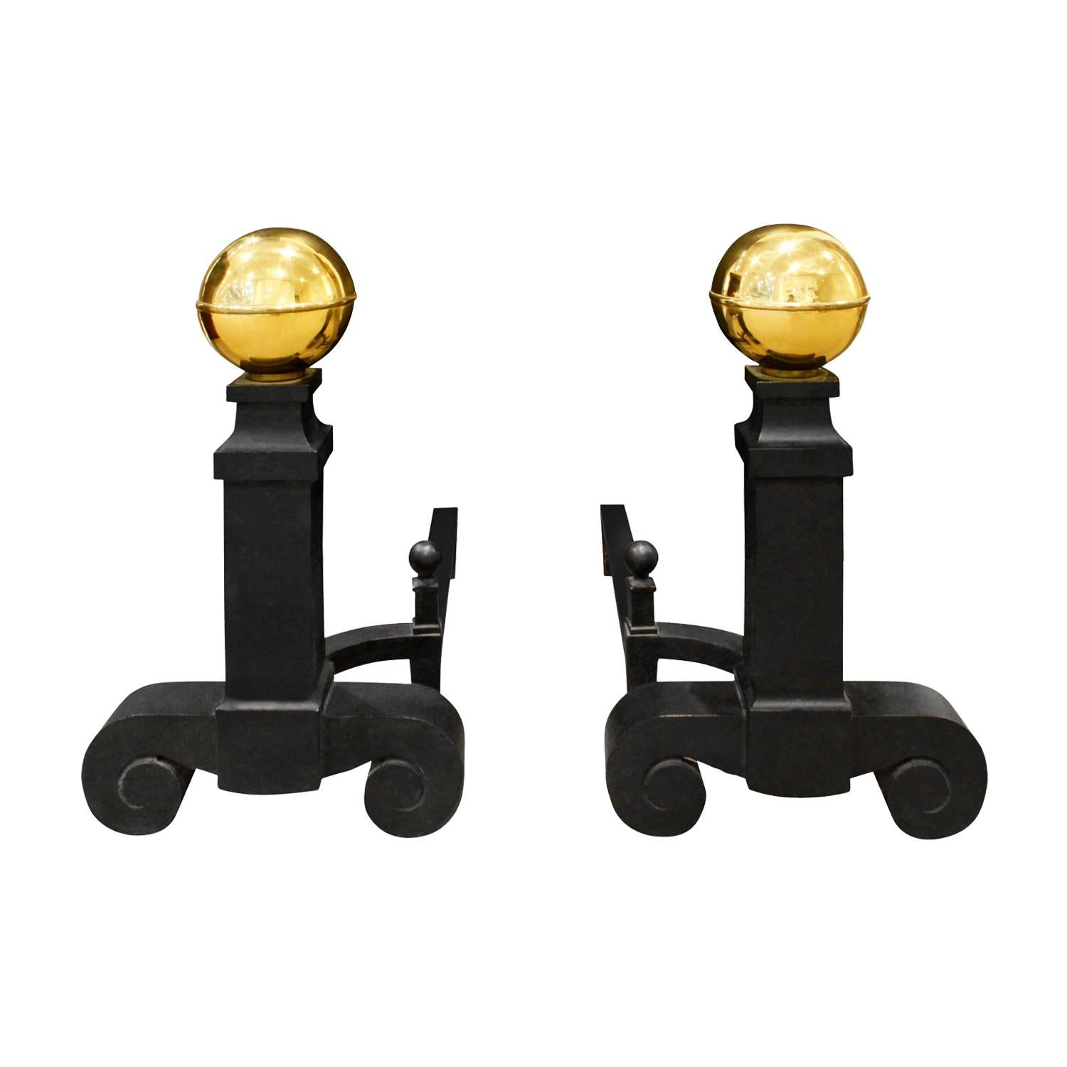 Monumental Pair of Andirons in Wrought Iron and Brass, 1970s