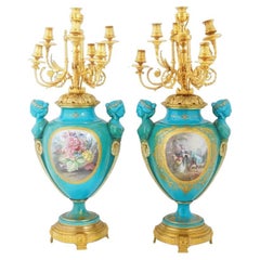 Monumental Pair of Antique 19th Century Sevres Porcelain Ormolu Candelabras