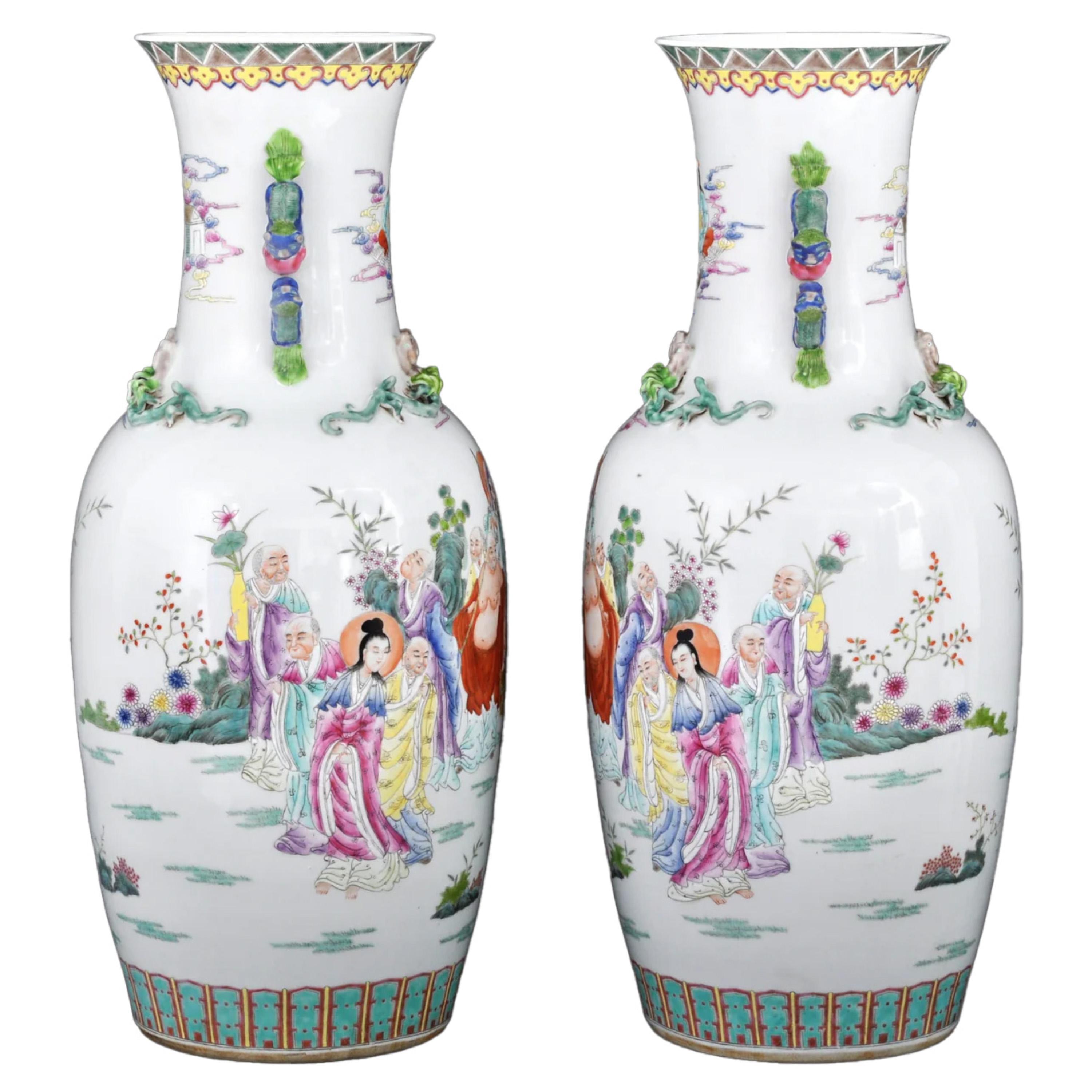 Pareja monumental Jarrones antiguos de porcelana rosa de la dinastía Qing china 1900 en venta 4