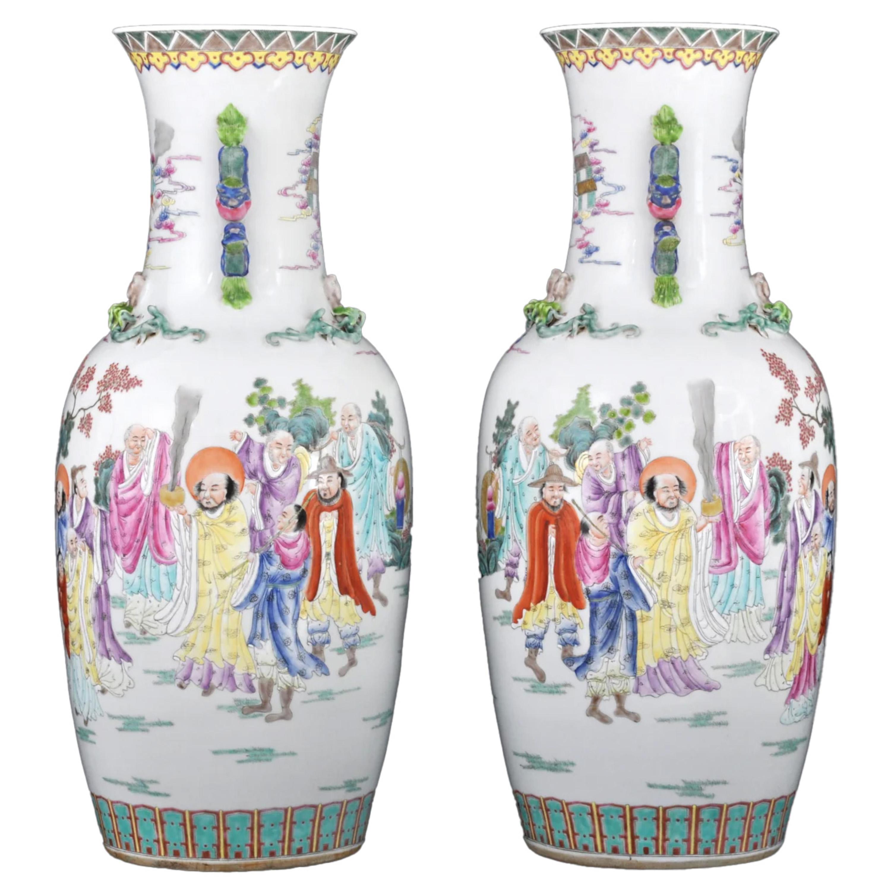 Pareja monumental Jarrones antiguos de porcelana rosa de la dinastía Qing china 1900 en venta 5
