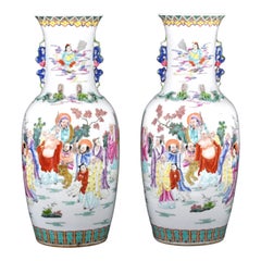 Monumental Pair Antique Chinese Qing Dynasty Famille Rose Porcelain Vases 1900