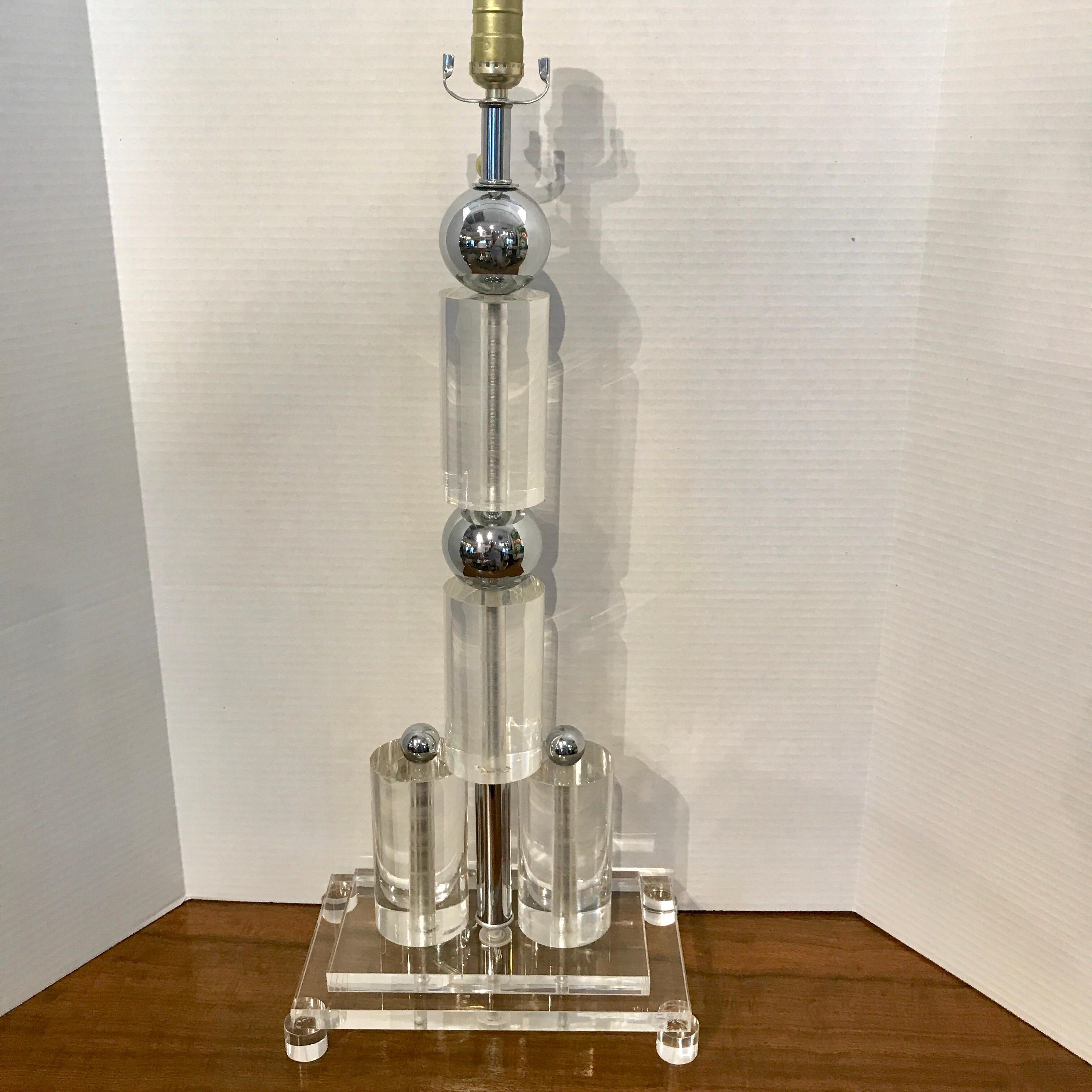 Monumental Pair of Architectural Lucite and Chrome Lamps For Sale 1