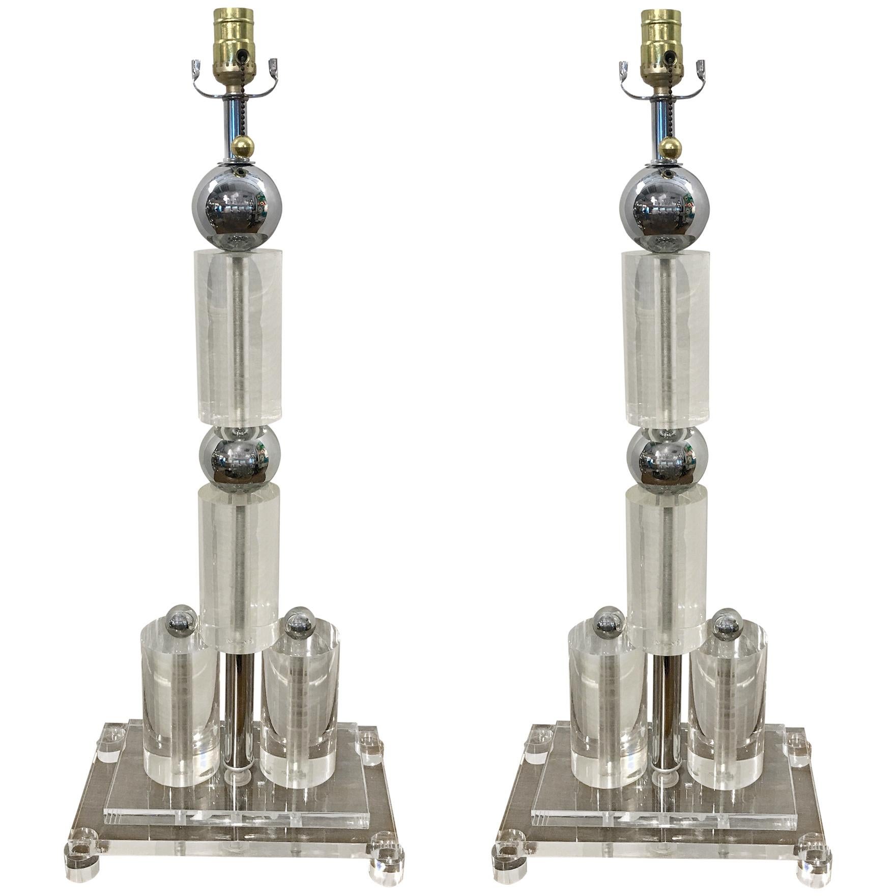 Monumental Pair of Architectural Lucite and Chrome Lamps For Sale