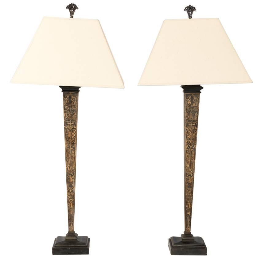 Monumental Pair of Baroque Architectural Obelisk Lamps