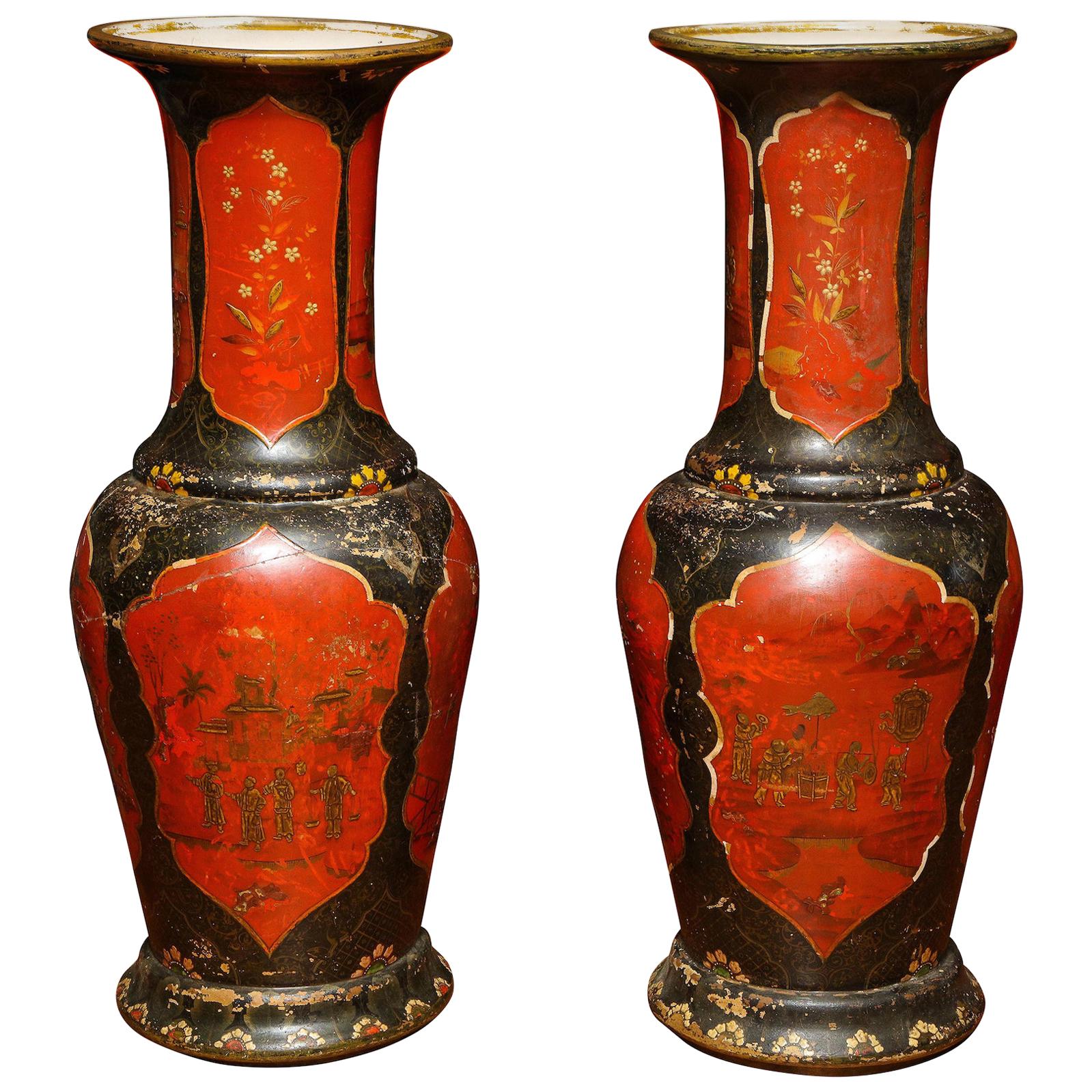 Monumental Pair of Berlin Faience Red and Black-Lacquered Vases