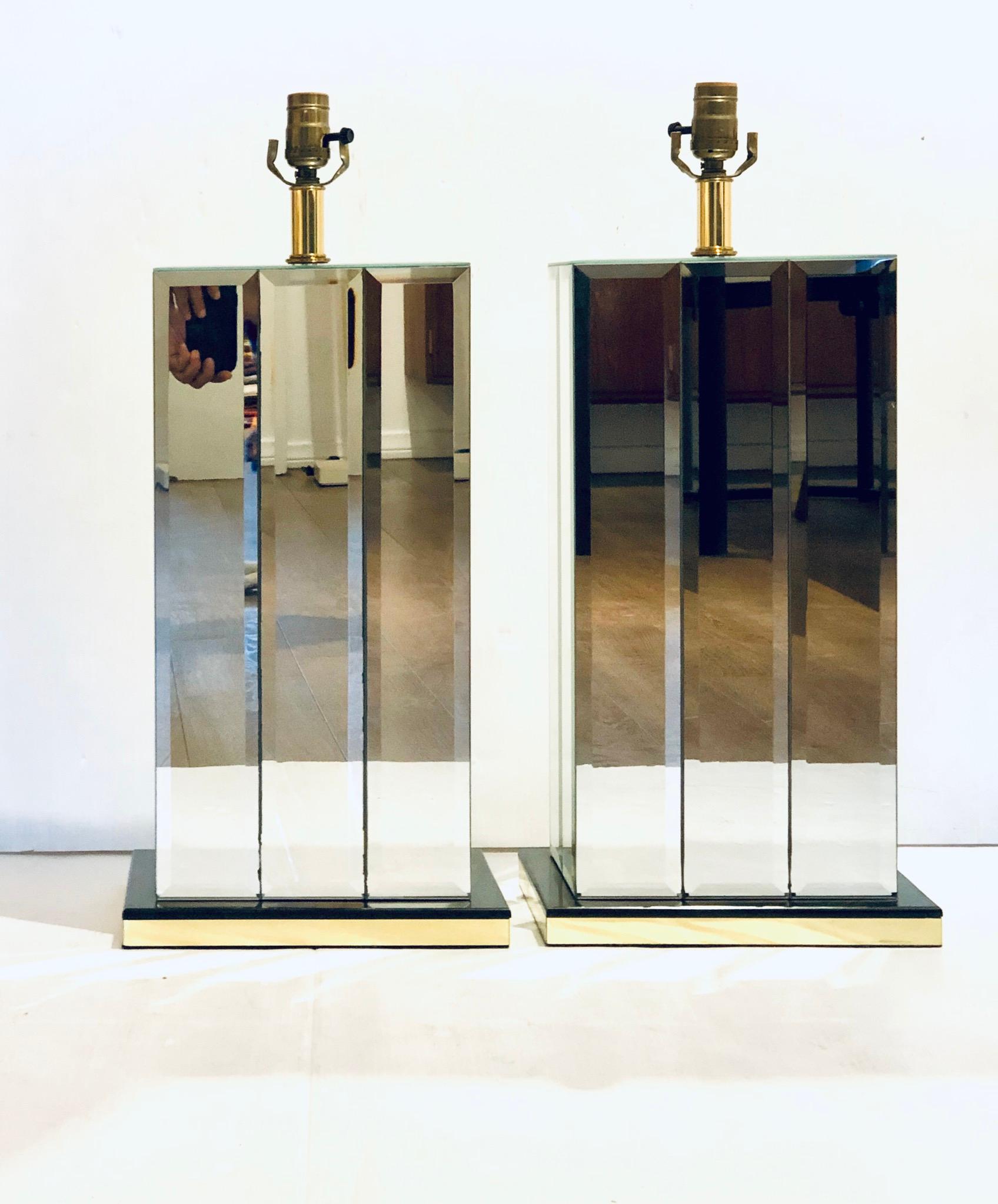 Monumental Pair of Beveled Mirror Lamps with Brass Edge In Excellent Condition In San Diego, CA