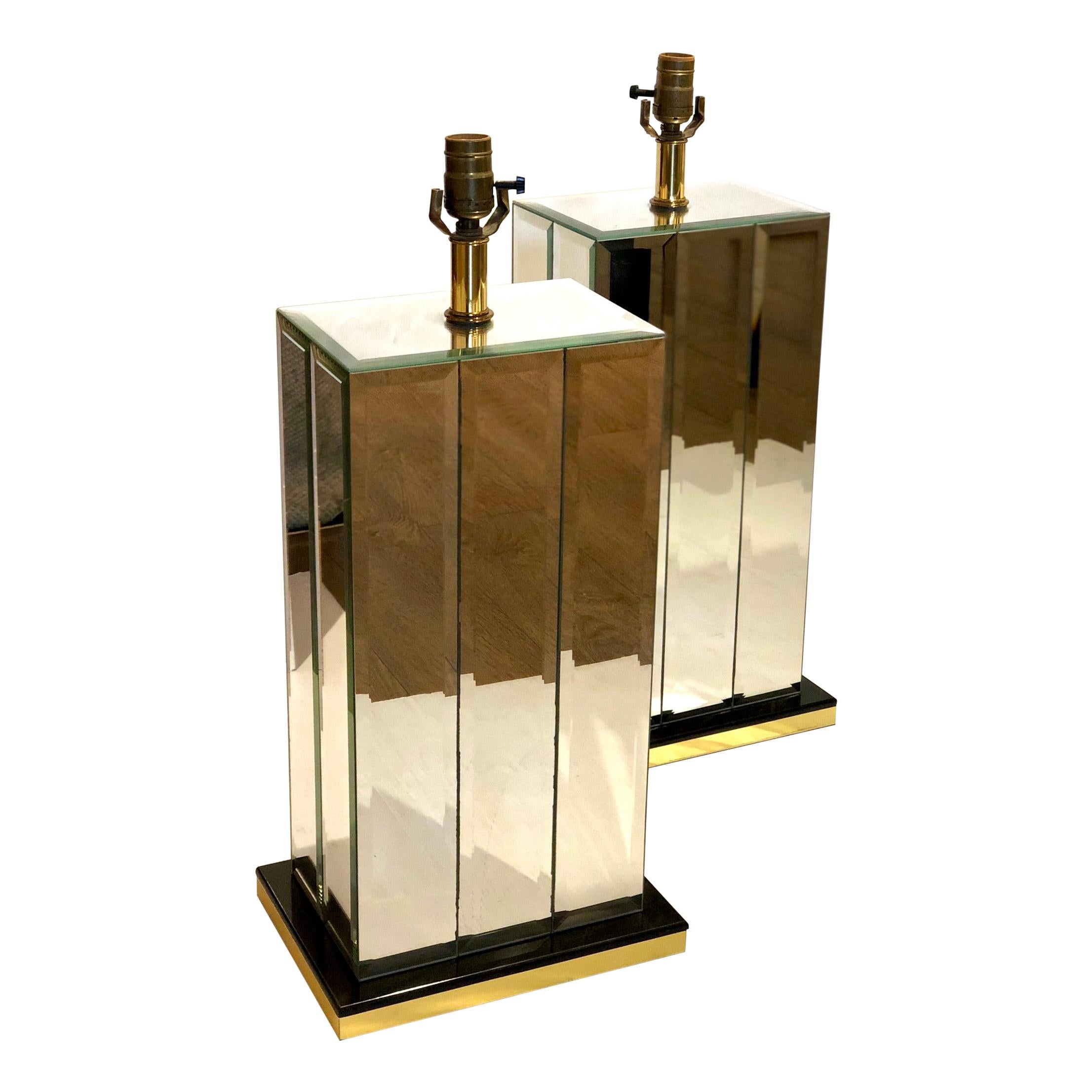 Monumental Pair of Beveled Mirror Lamps with Brass Edge