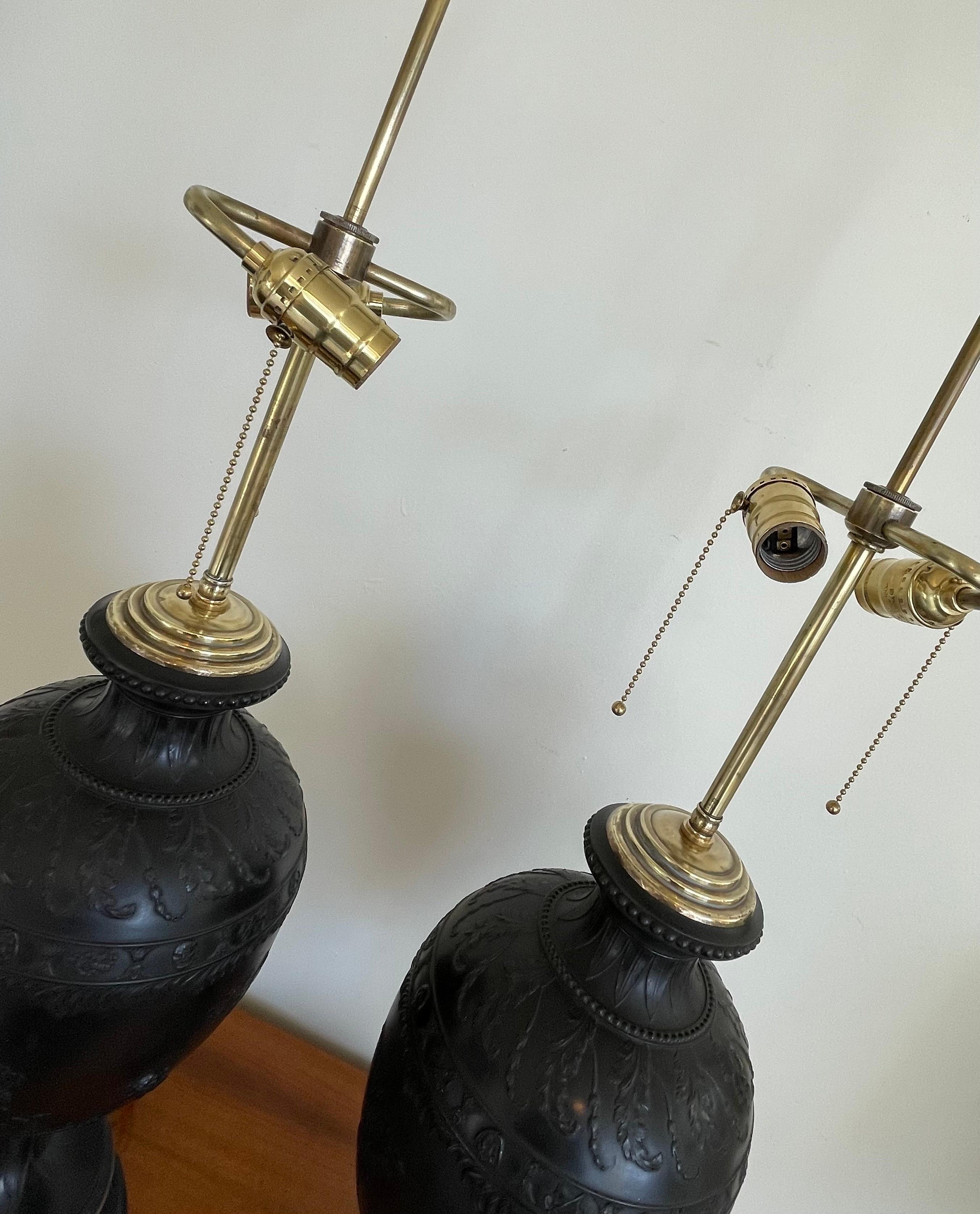 Monumental Pair of Black Basalt Table Lamps by Wedgwood, Late 19th Century For Sale 5