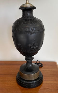 Monumental Pair of Wedgwood Black Basalt Urn Table Lamps with Classical Relief