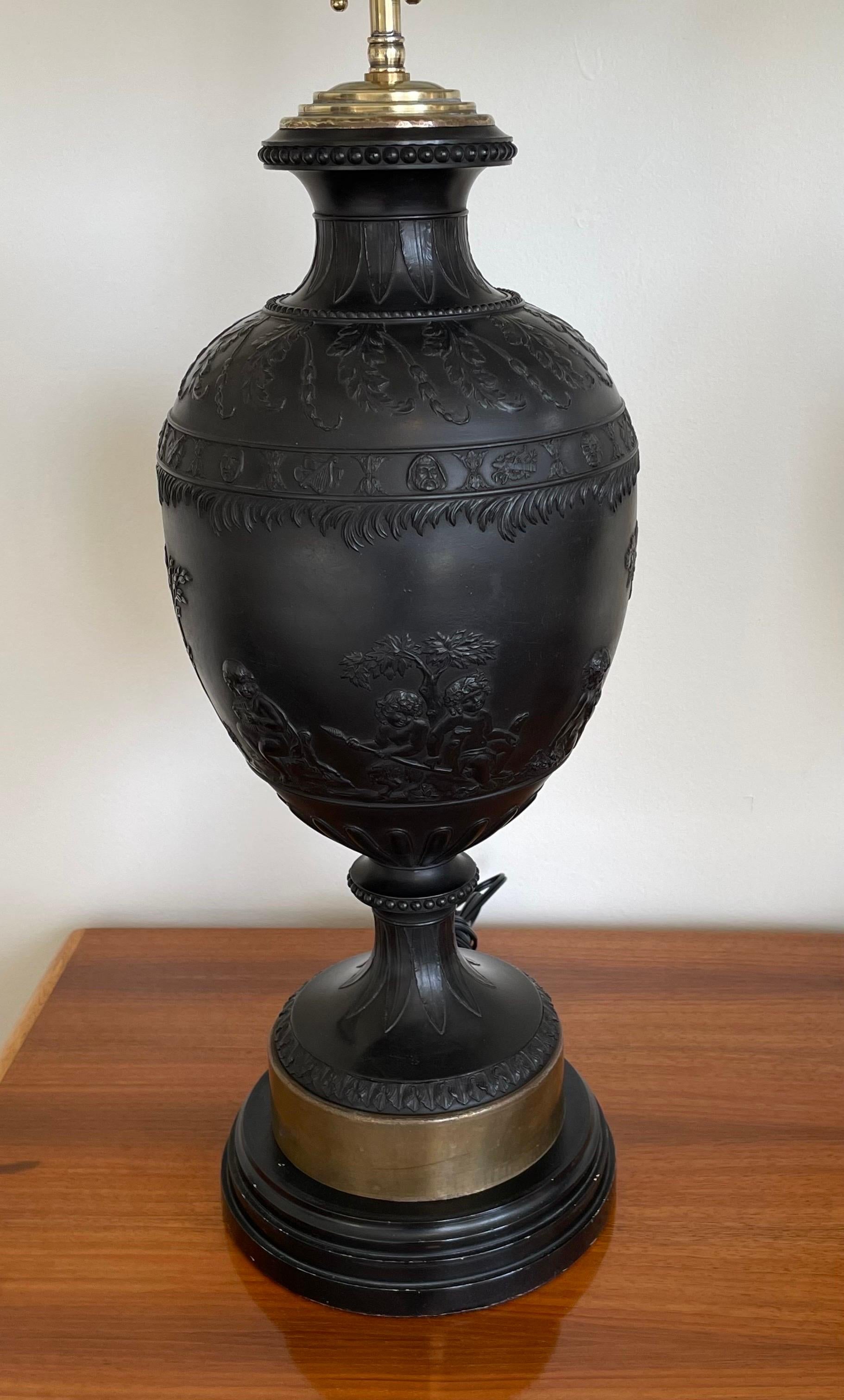 Neoclassical Monumental Pair of Black Basalt Table Lamps by Wedgwood, Late 19th Century For Sale