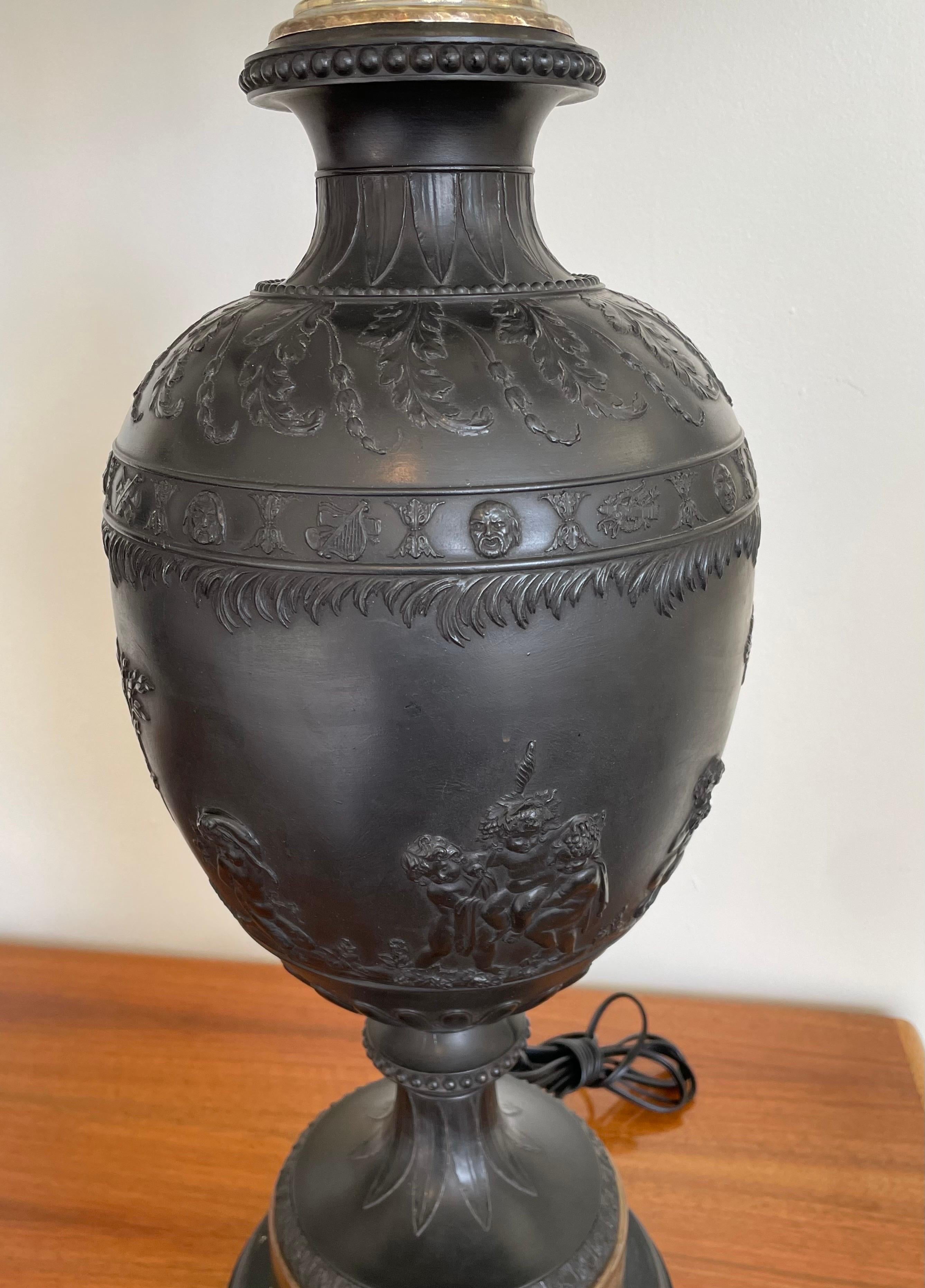 English Monumental Pair of Black Basalt Table Lamps by Wedgwood, Late 19th Century For Sale