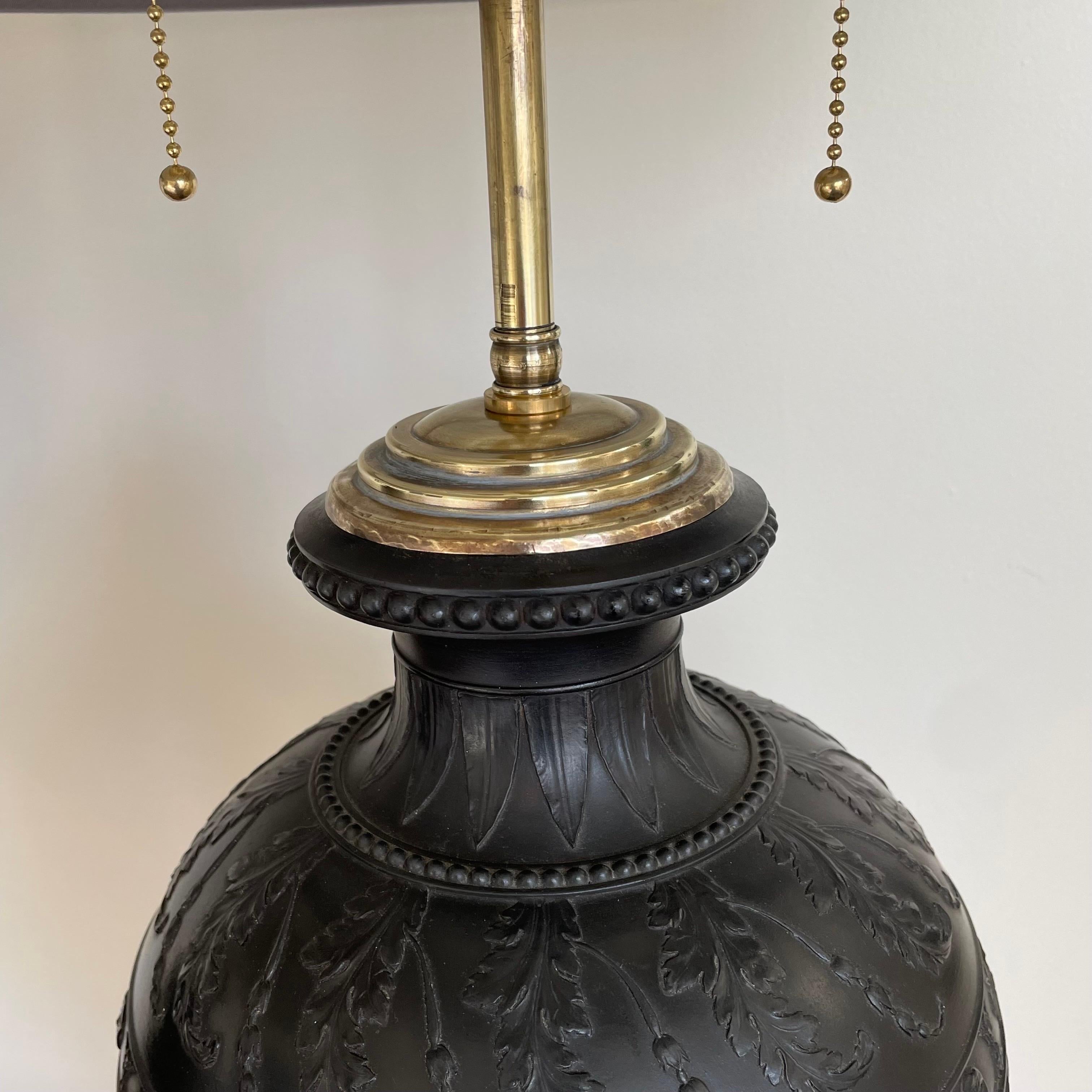 Monumental Pair of Black Basalt Table Lamps by Wedgwood, Late 19th Century In Good Condition For Sale In Bedford Hills, NY