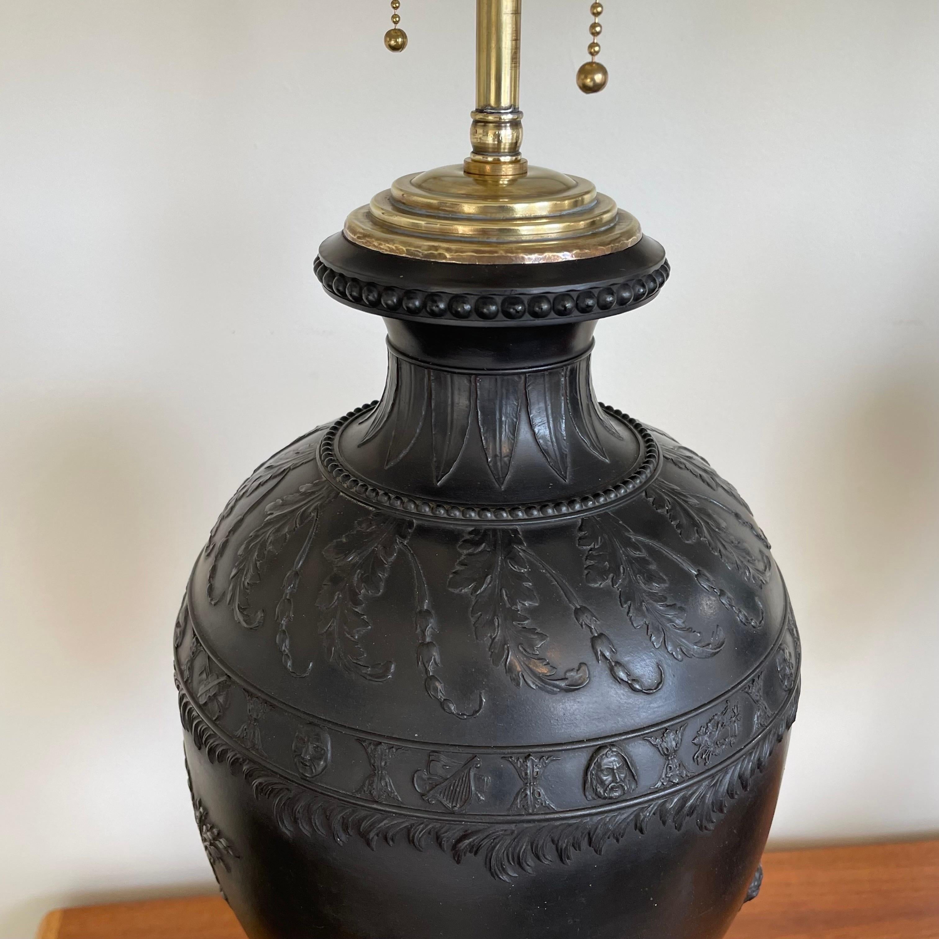 Stoneware Monumental Pair of Black Basalt Table Lamps by Wedgwood, Late 19th Century For Sale