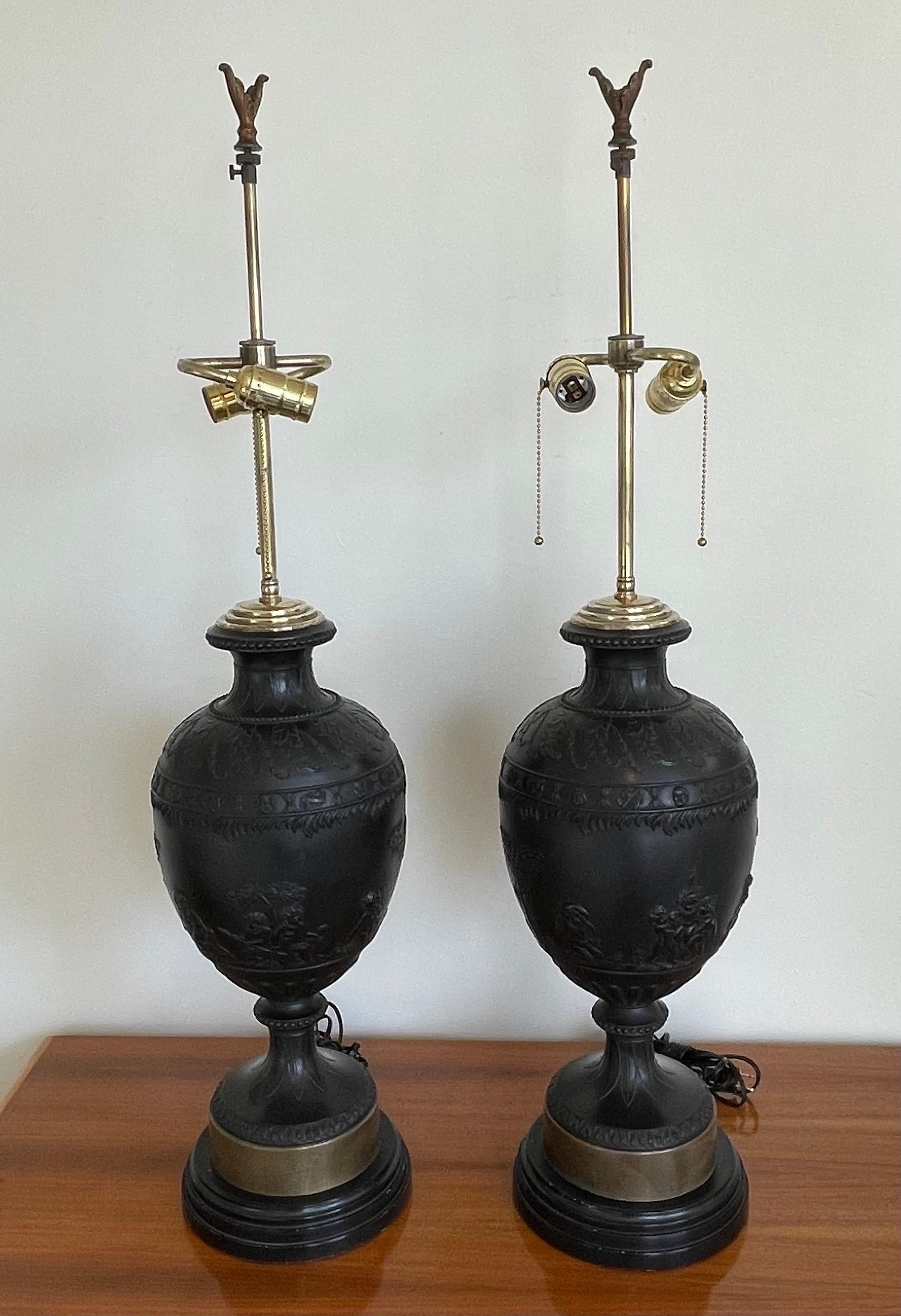 Monumental Pair of Black Basalt Table Lamps by Wedgwood, Late 19th Century For Sale 2