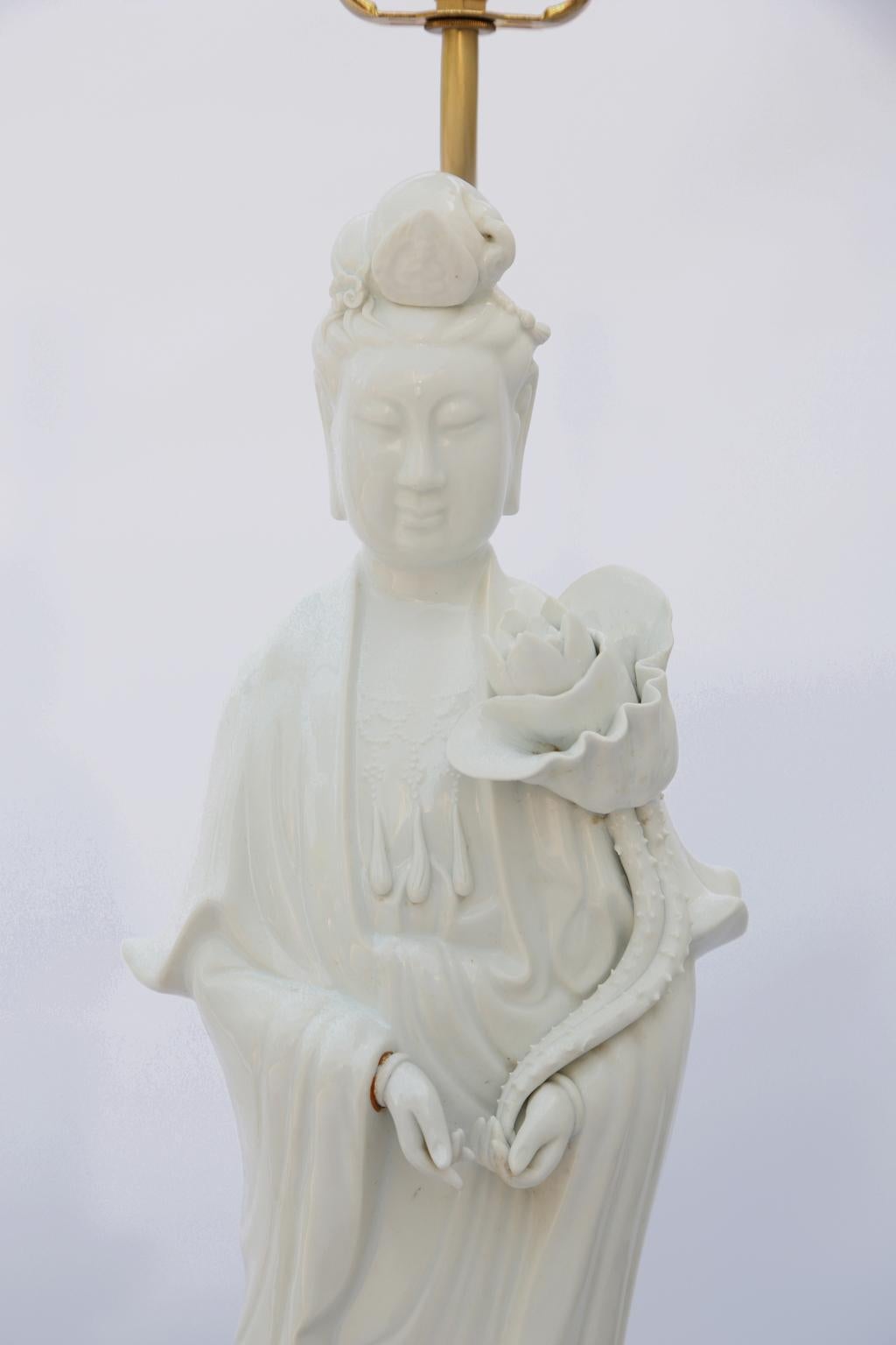 Qing Monumental Pair of Blanc de Chine Kwan Yin Figural Lamps on Lucite Bases