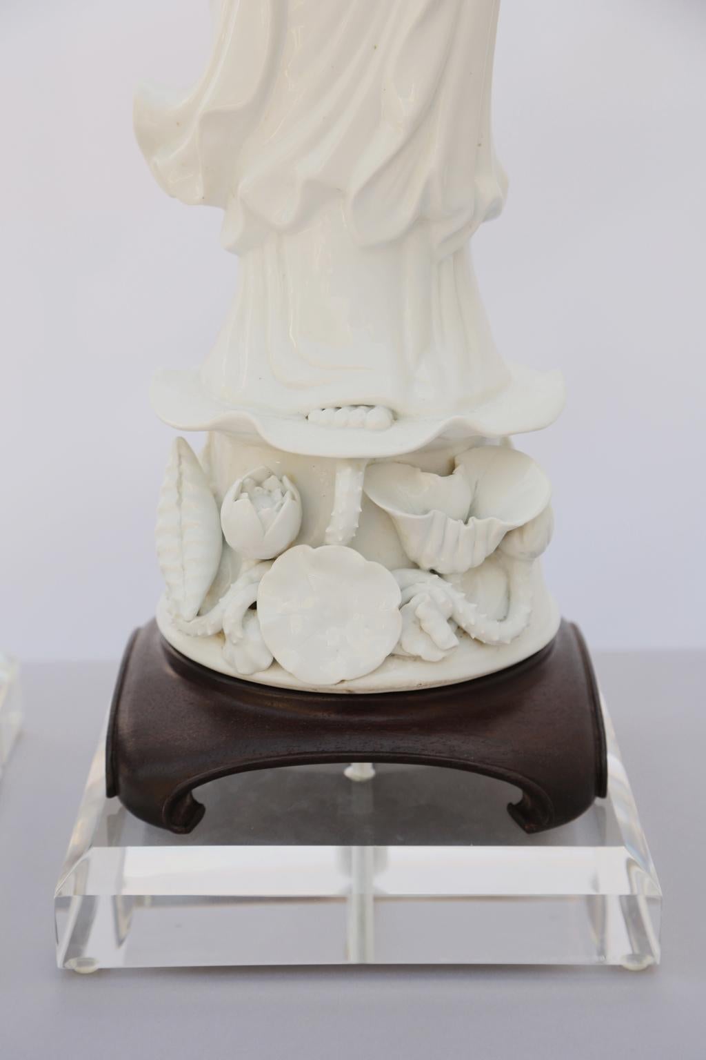 Glazed Monumental Pair of Blanc de Chine Kwan Yin Figural Lamps on Lucite Bases