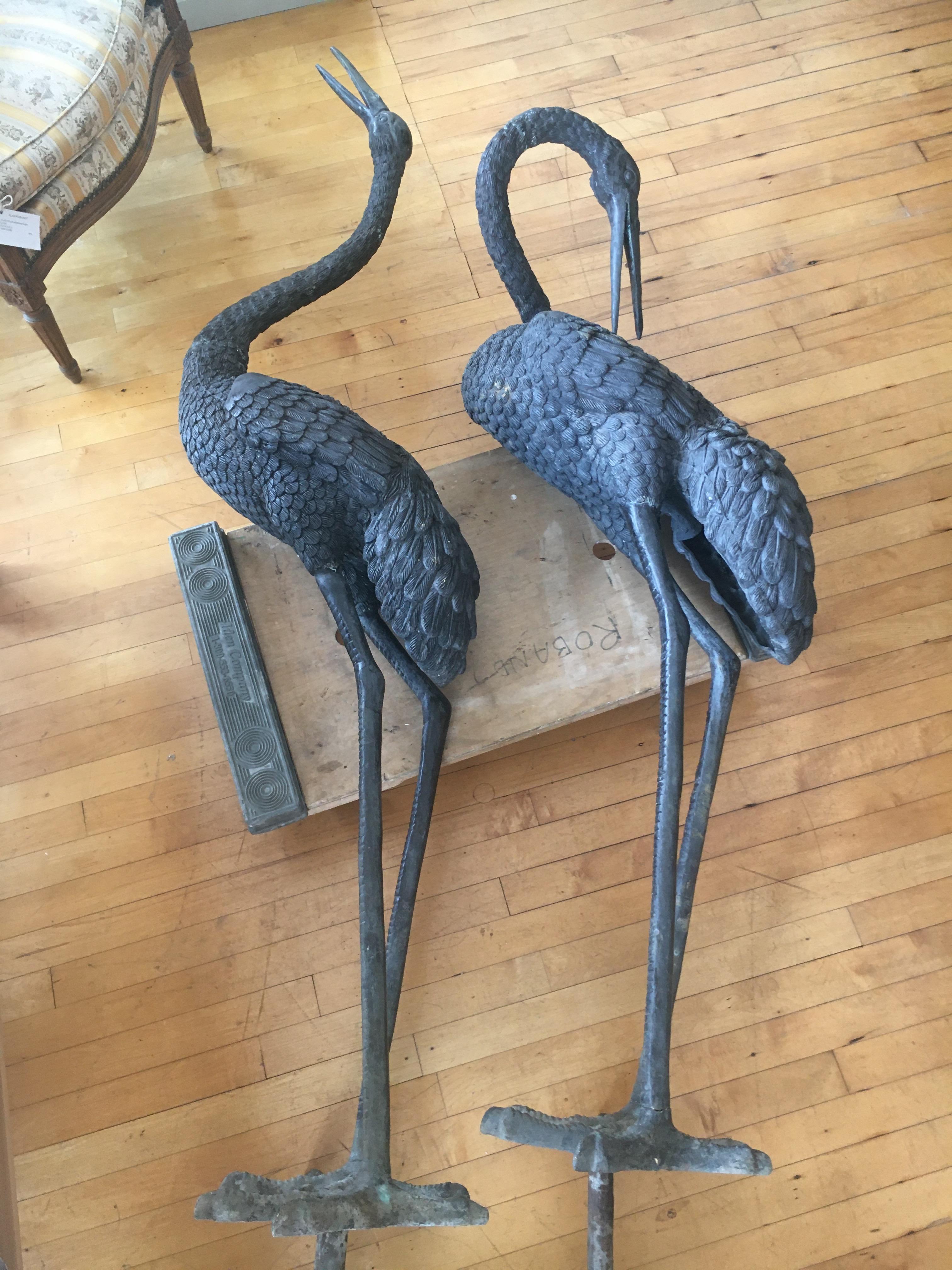 Monumental Pair of Bronze Cranes in Standing Position, Great Color and Patina 6