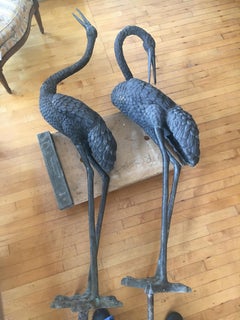 Monumental Pair of Bronze Cranes in Standing Position, Great Color and Patina