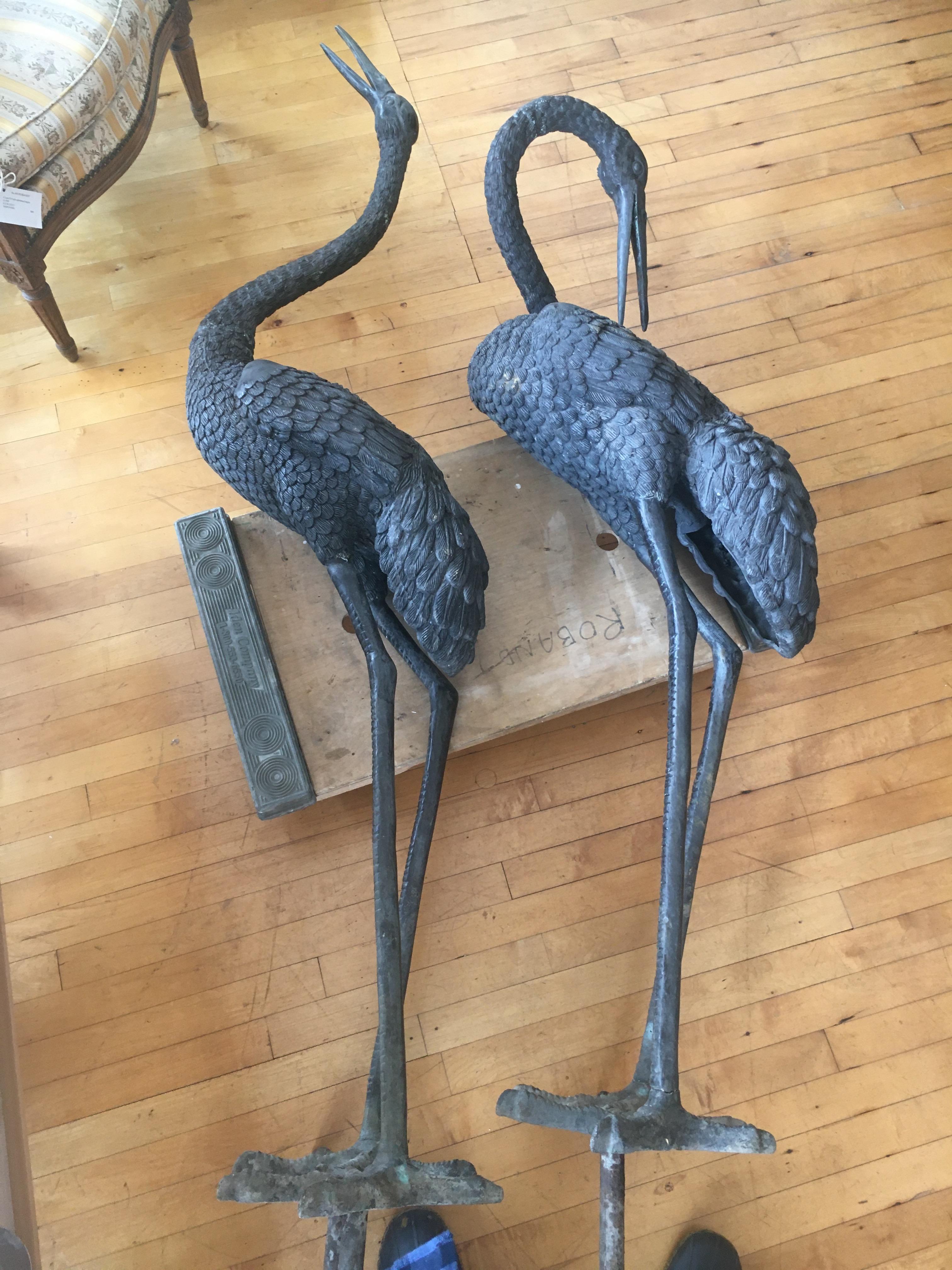 Hollywood Regency Monumental Pair of Bronze Cranes in Standing Position, Great Color and Patina
