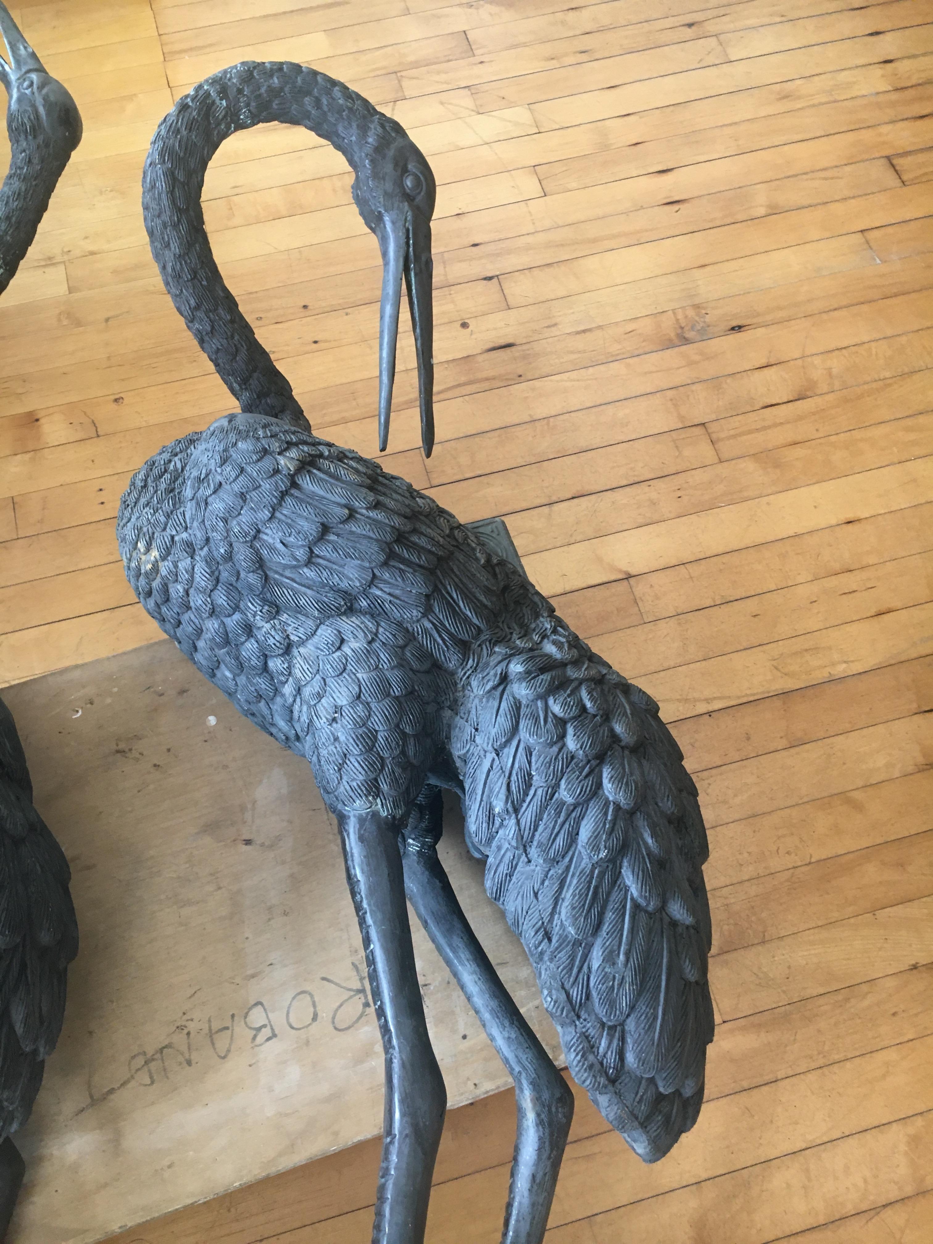 Monumental Pair of Bronze Cranes in Standing Position, Great Color and Patina In Good Condition In Buchanan, MI