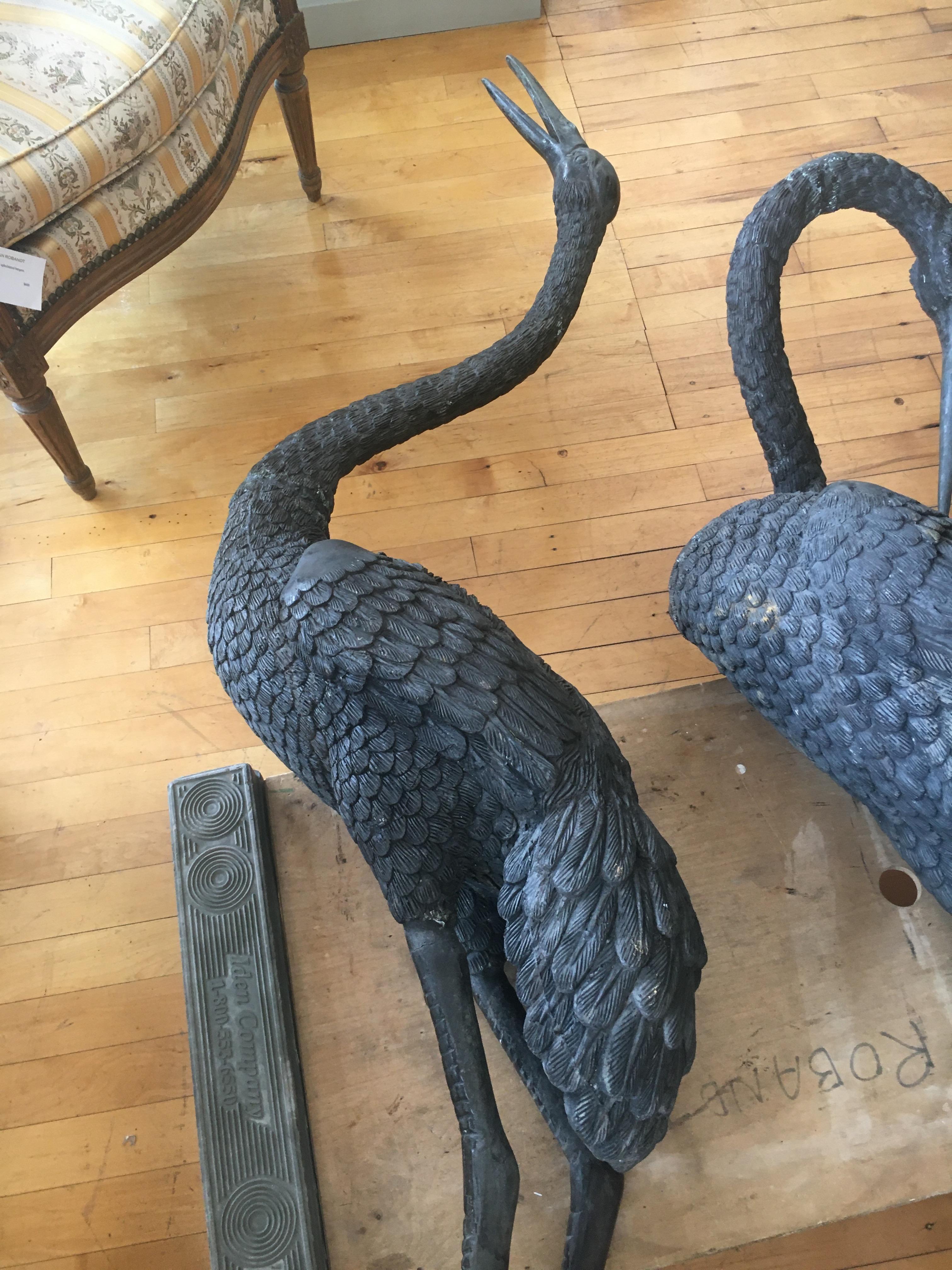20th Century Monumental Pair of Bronze Cranes in Standing Position, Great Color and Patina