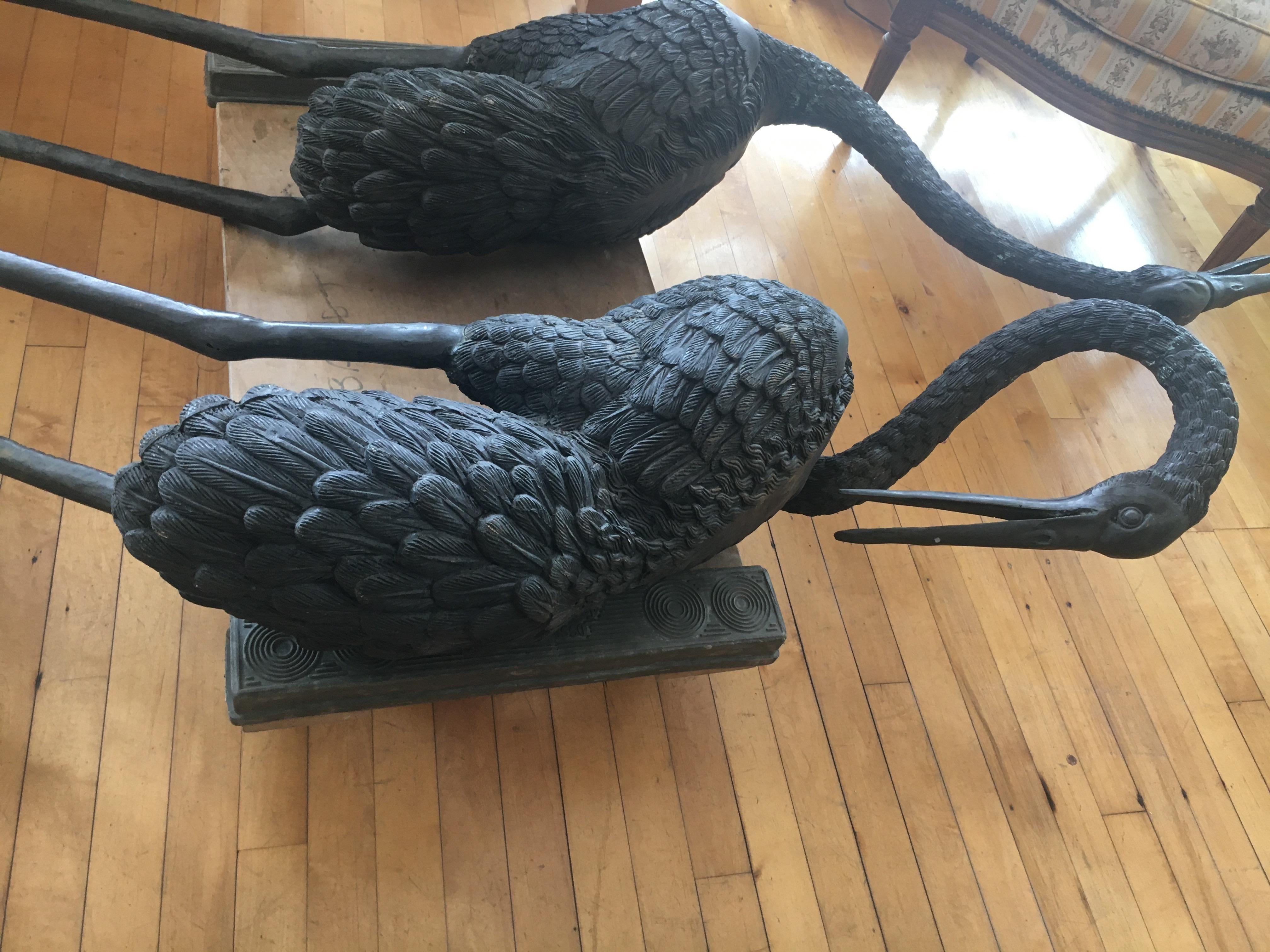 Monumental Pair of Bronze Cranes in Standing Position, Great Color and Patina 1