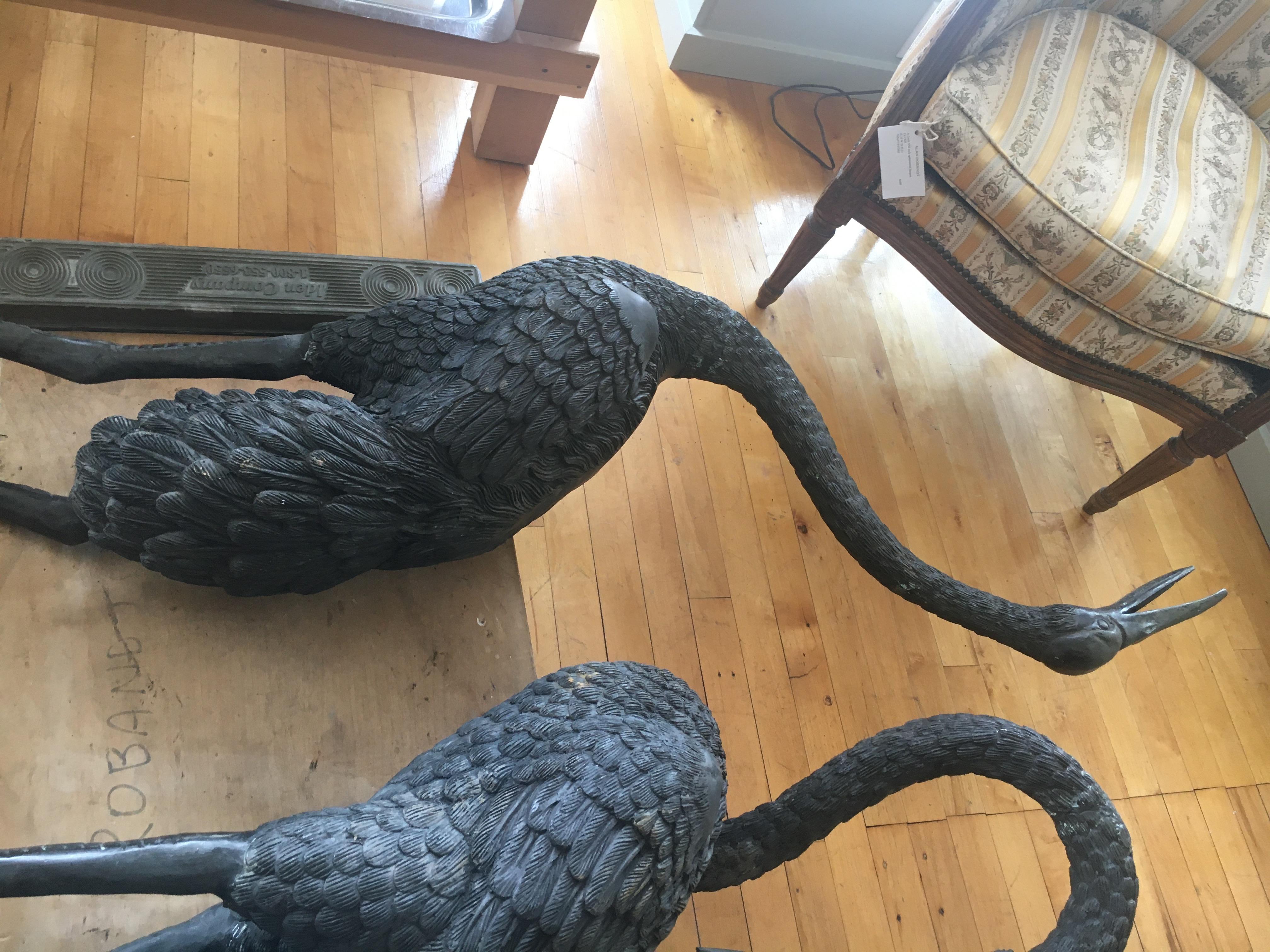 Monumental Pair of Bronze Cranes in Standing Position, Great Color and Patina 2