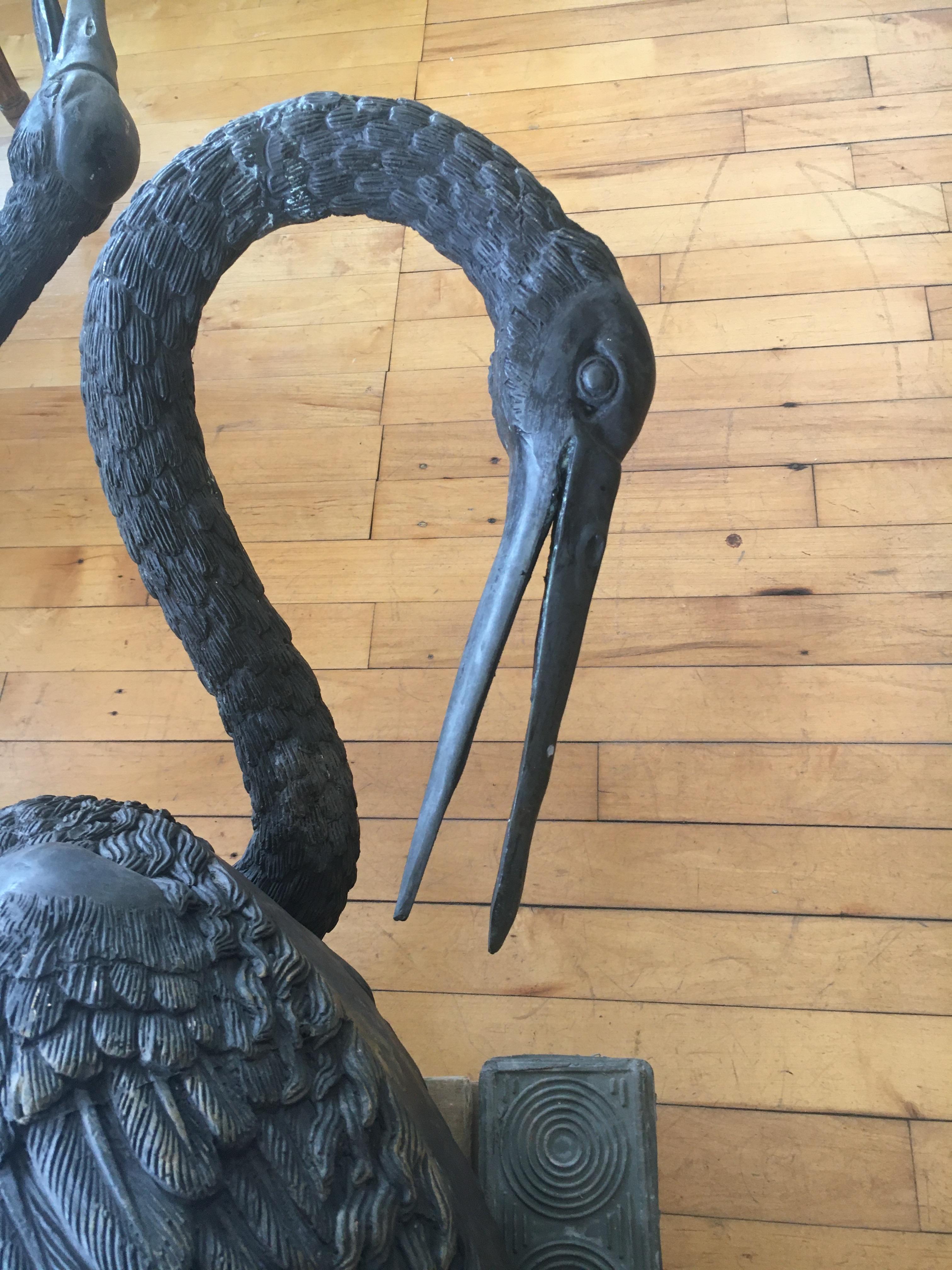 Monumental Pair of Bronze Cranes in Standing Position, Great Color and Patina 3
