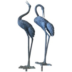 Retro Monumental Pair of Bronze Cranes in Standing Position, Great Color and Patina