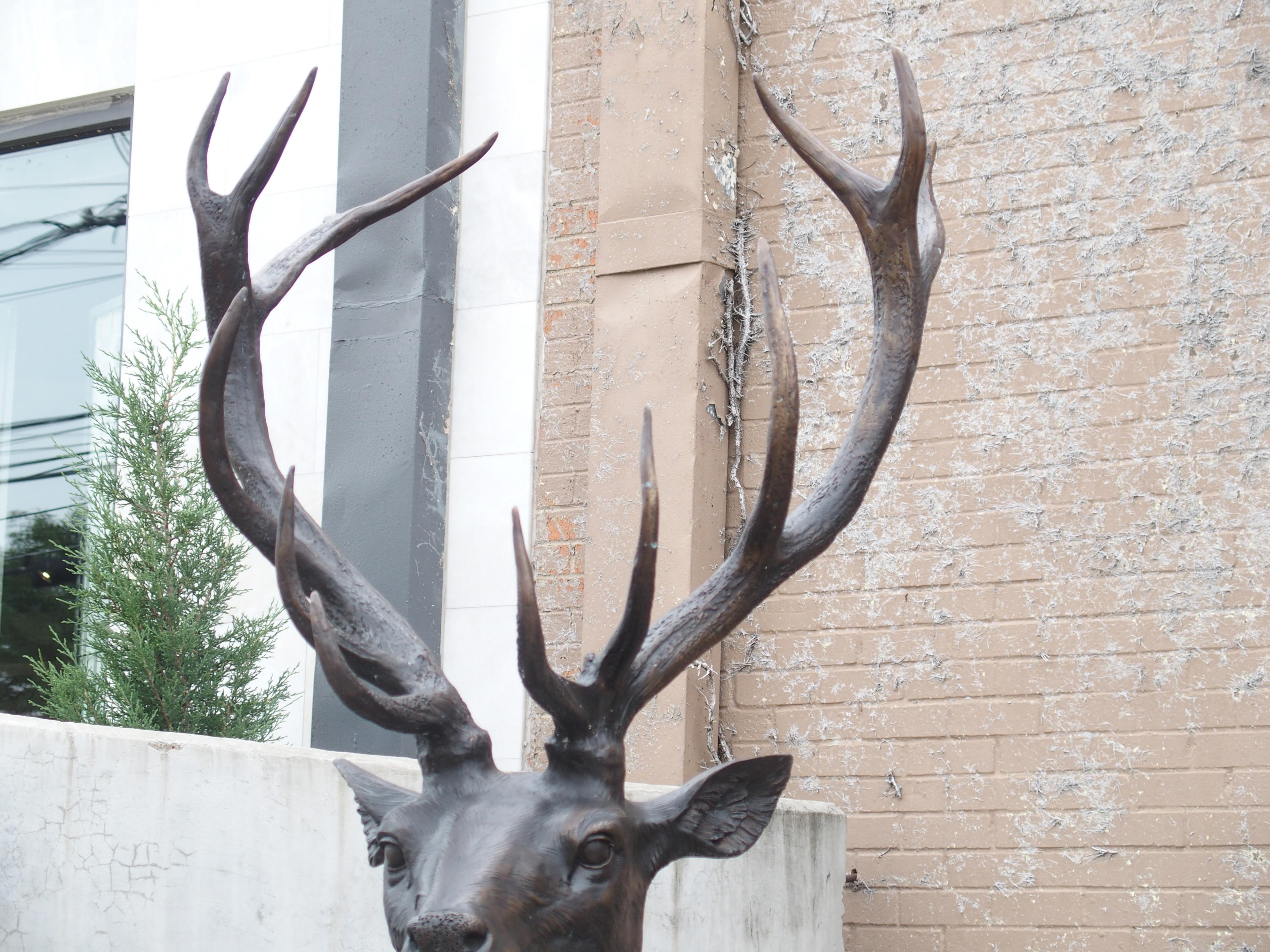 At larger than life-sized, this monumental pair of bronze stags on cast stone pedestals is a sight to behold. Measuring 97 ½ inches tall in total, the impressive statues would greatly enhance any setting. Both deer have been hand-patinated, giving