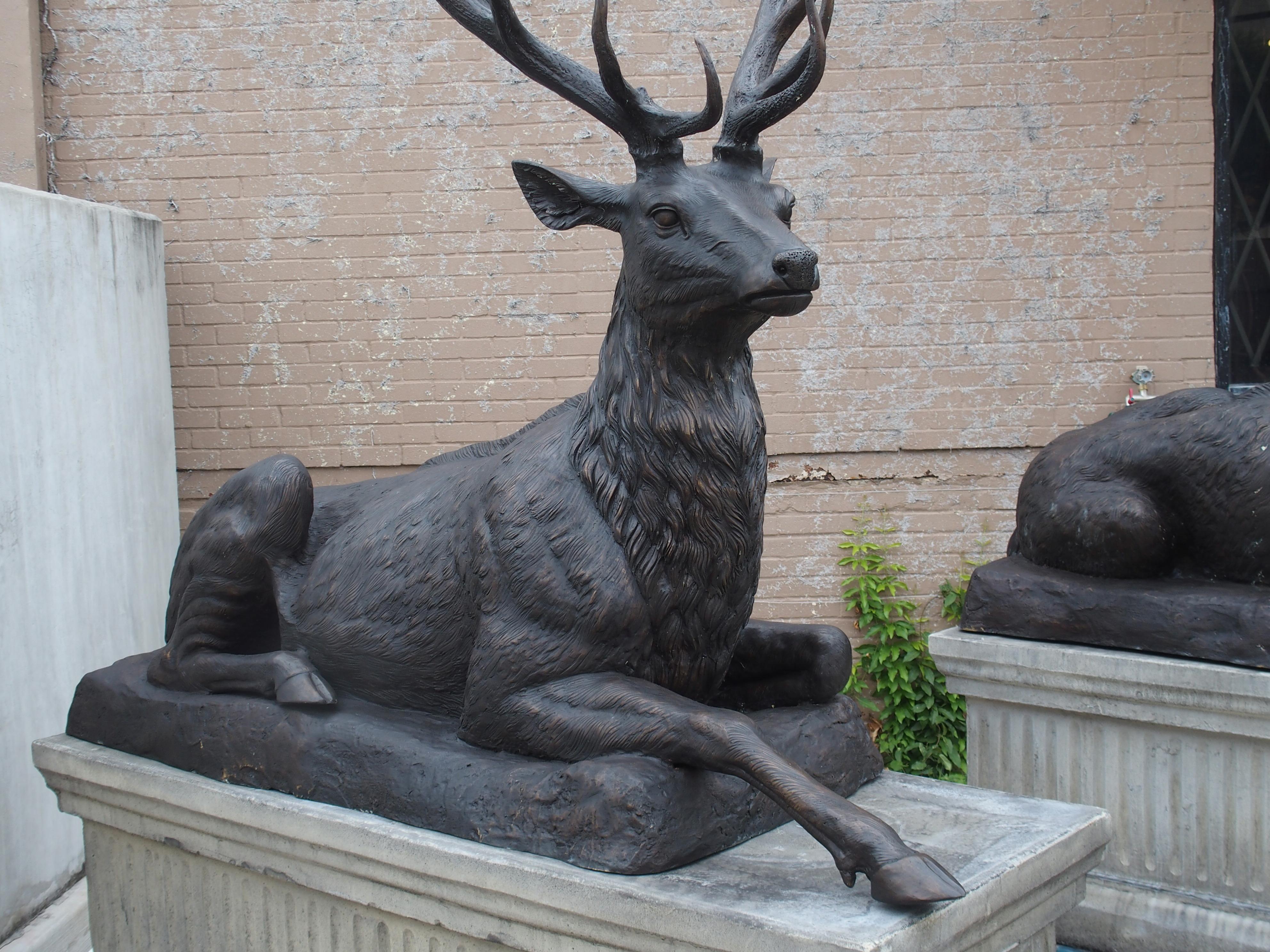 Monumental Pair of Bronze Stags on Cast Stone Pedestals, H-97 1/2 inches In Good Condition In Dallas, TX