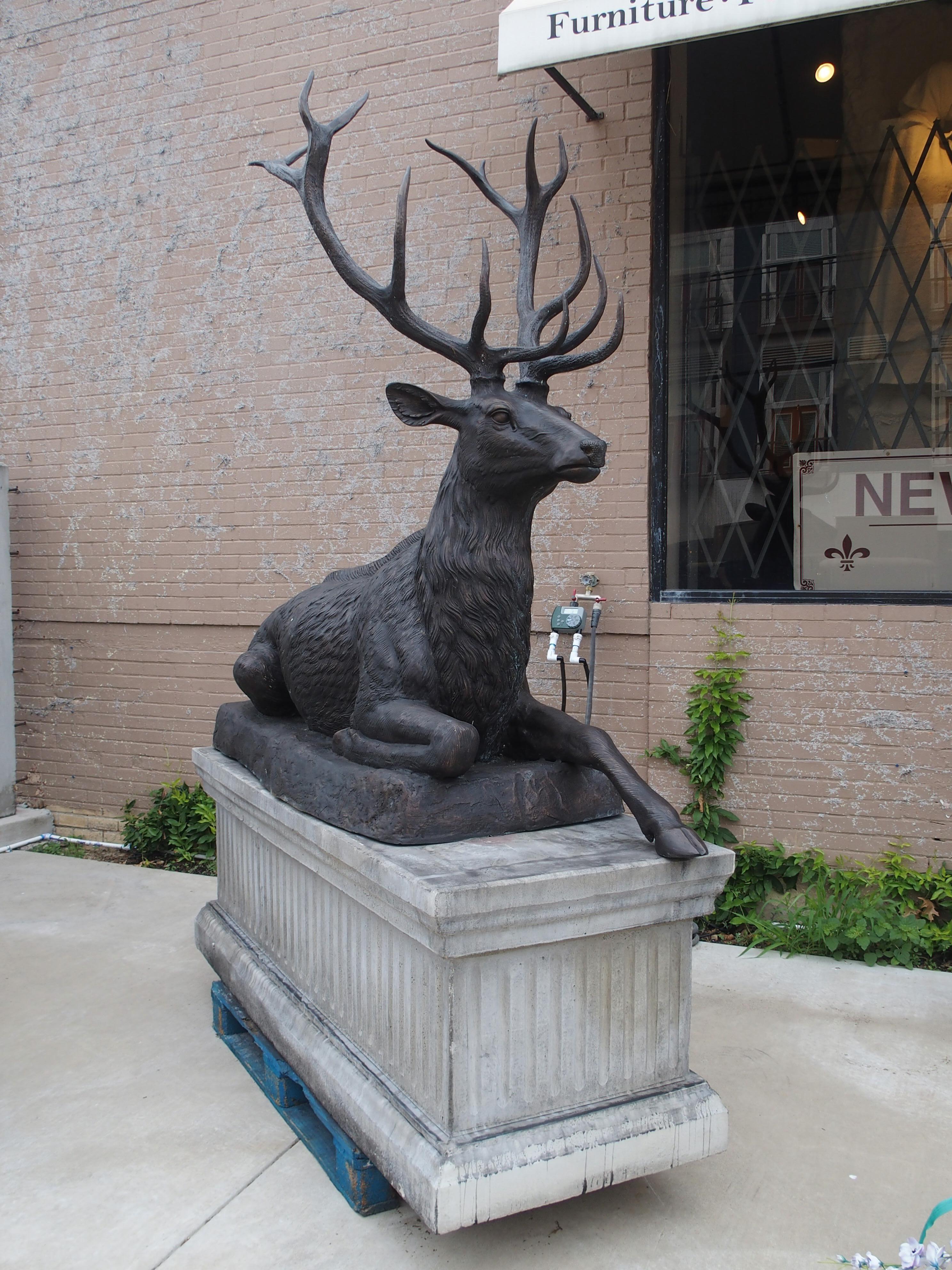 Contemporary Monumental Pair of Bronze Stags on Cast Stone Pedestals, H-97 1/2 inches