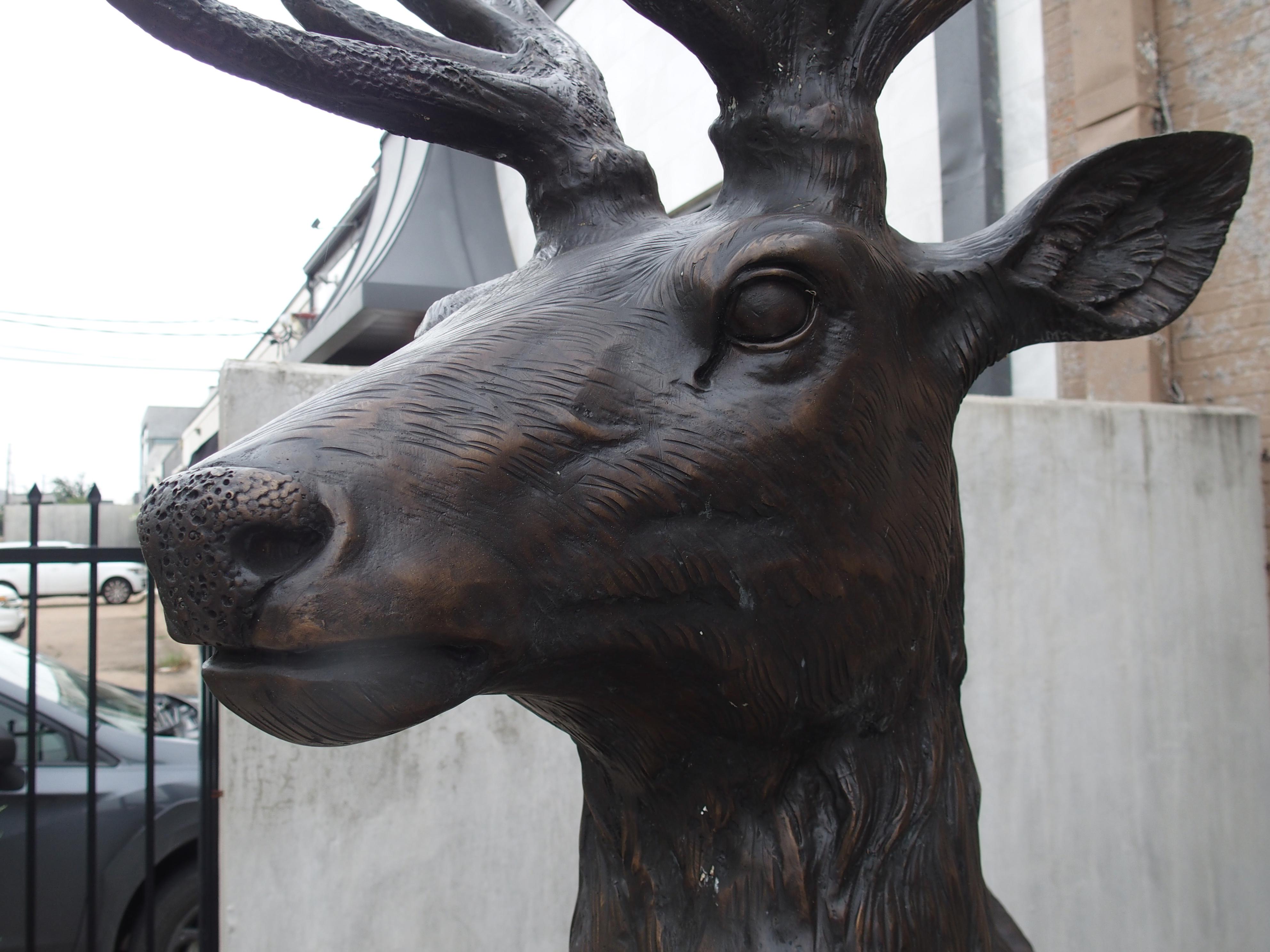 Metal Monumental Pair of Bronze Stags on Cast Stone Pedestals, H-97 1/2 inches