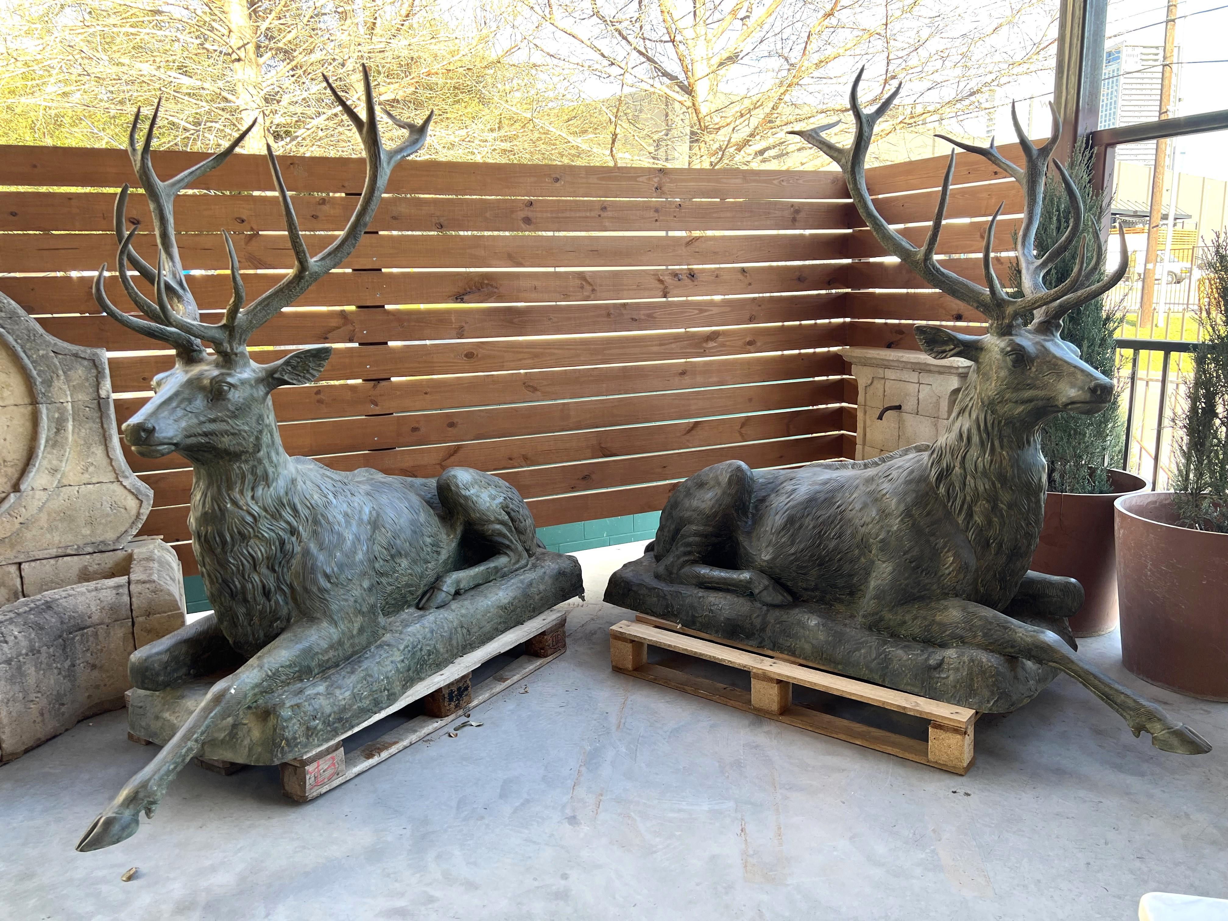 Monumental Pair of Bronze Verdigris Stag Statues 12