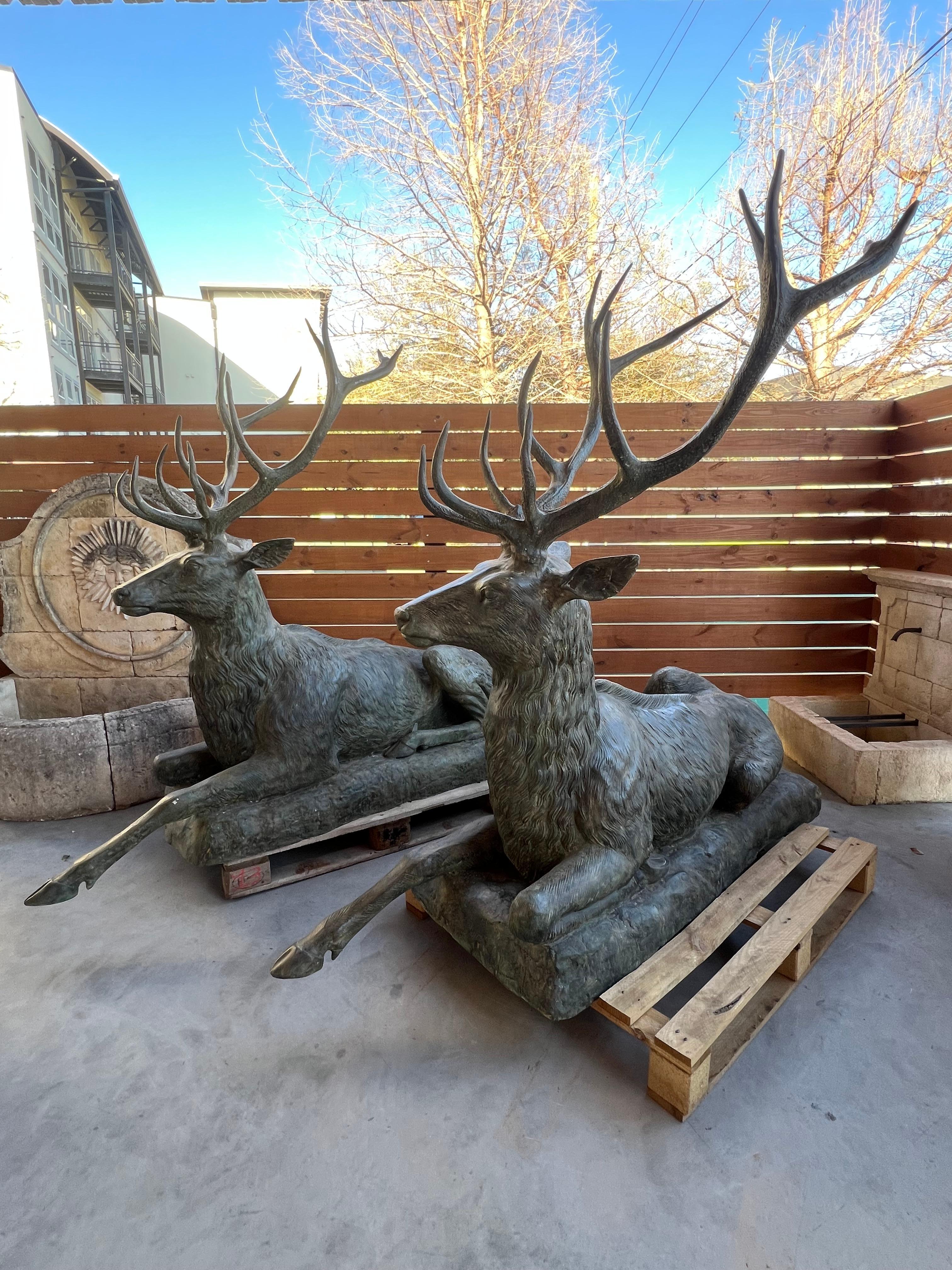 European Monumental Pair of Bronze Verdigris Stag Statues