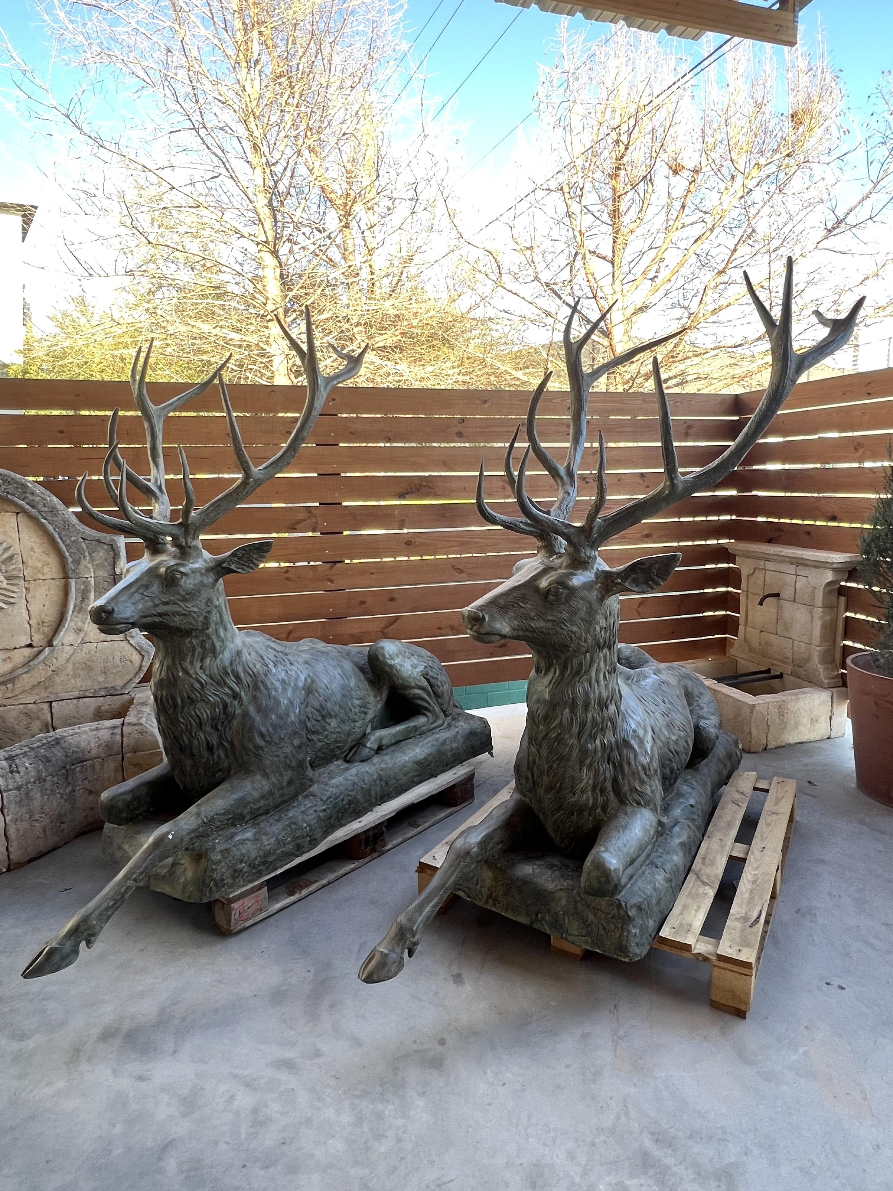 Patinated Monumental Pair of Bronze Verdigris Stag Statues
