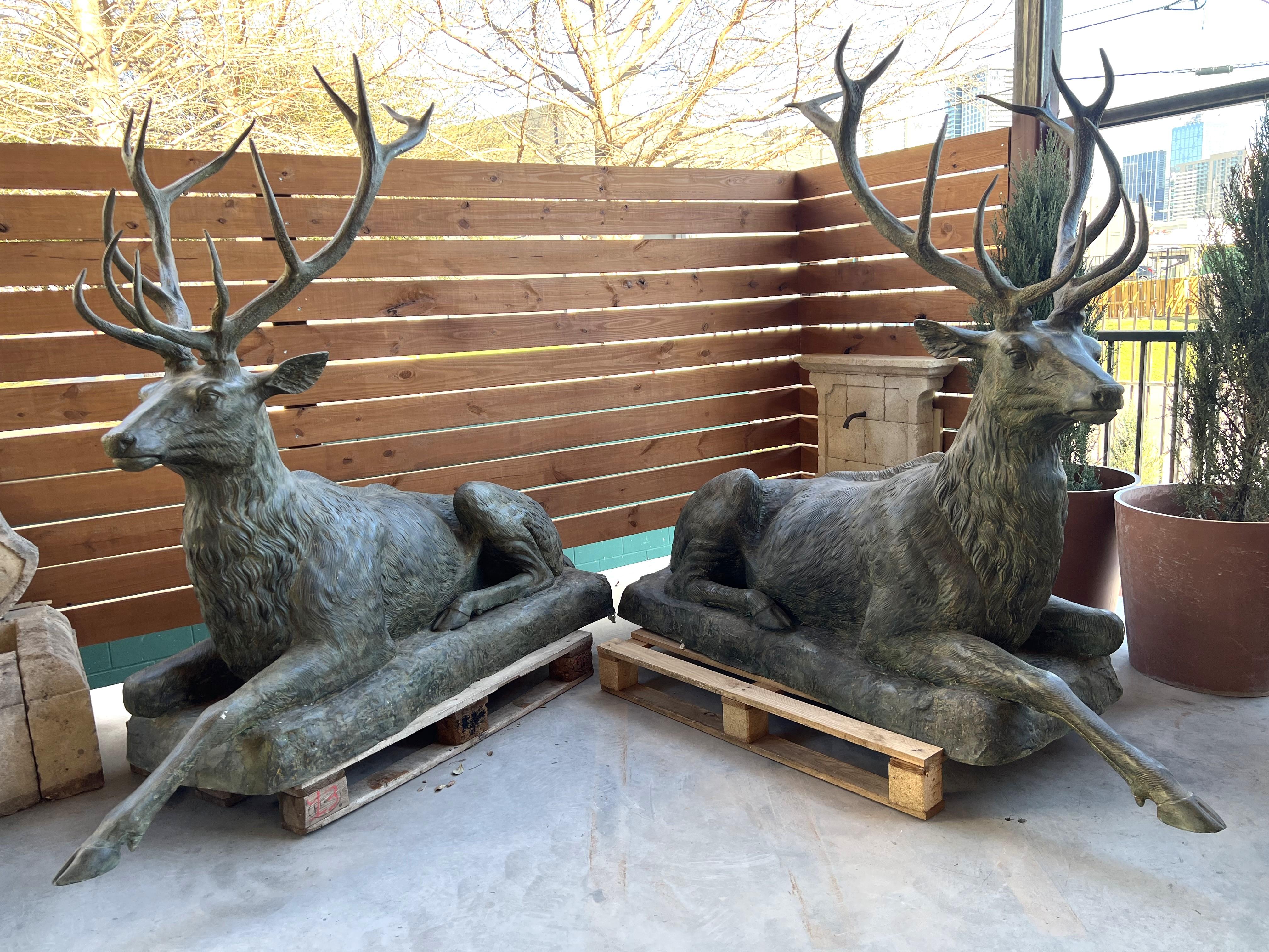 Monumental Pair of Bronze Verdigris Stag Statues In Good Condition In Dallas, TX