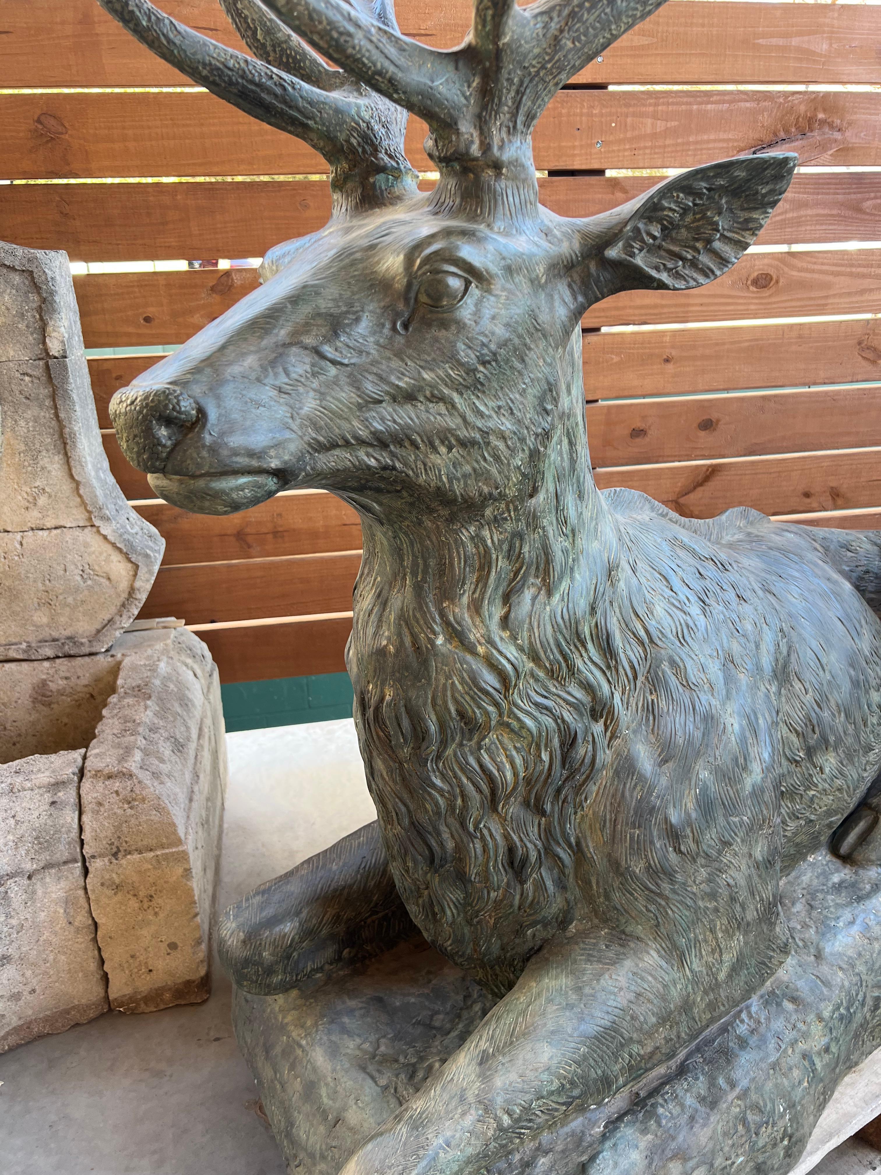 Contemporary Monumental Pair of Bronze Verdigris Stag Statues