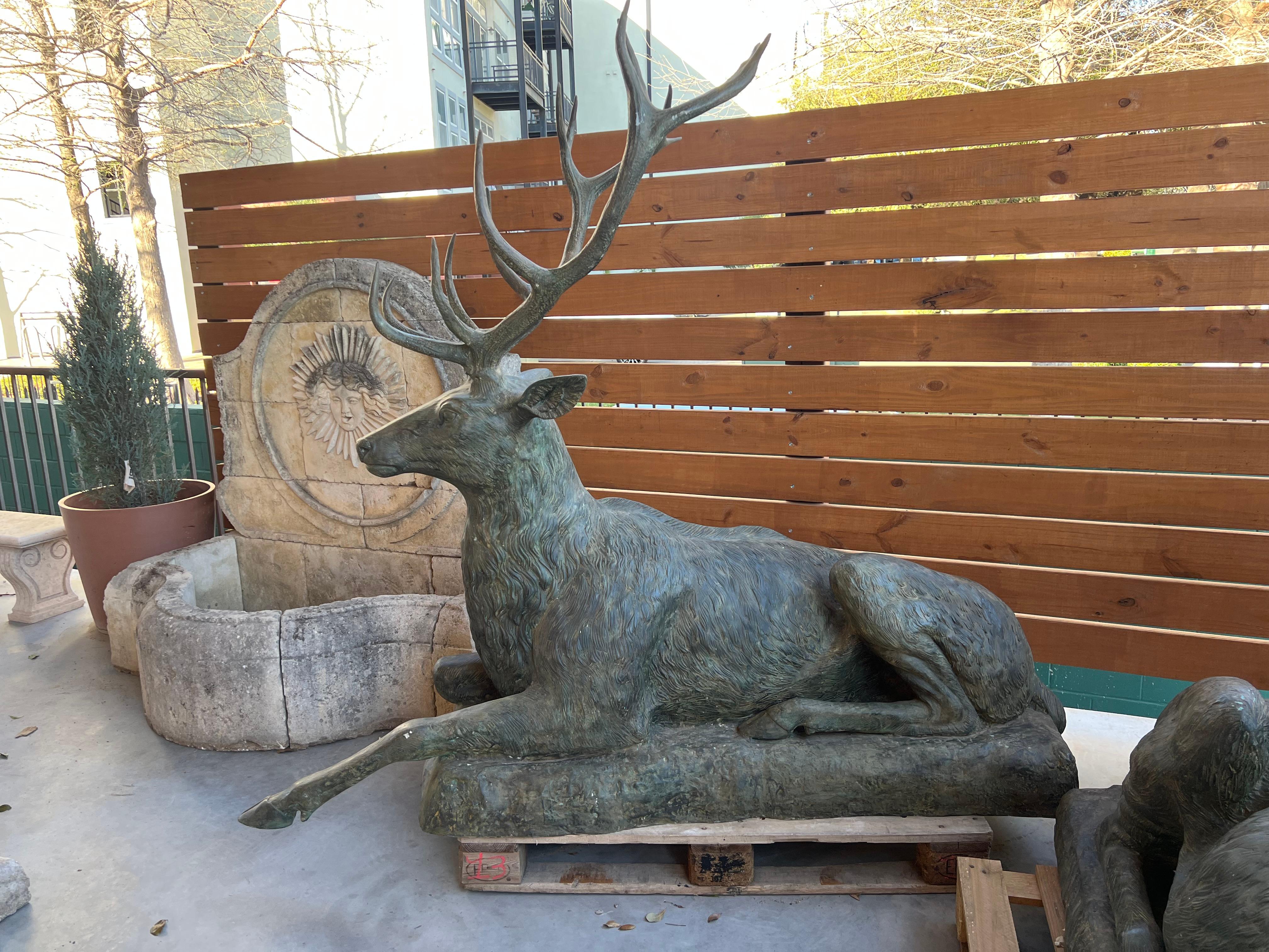 Monumental Pair of Bronze Verdigris Stag Statues 1
