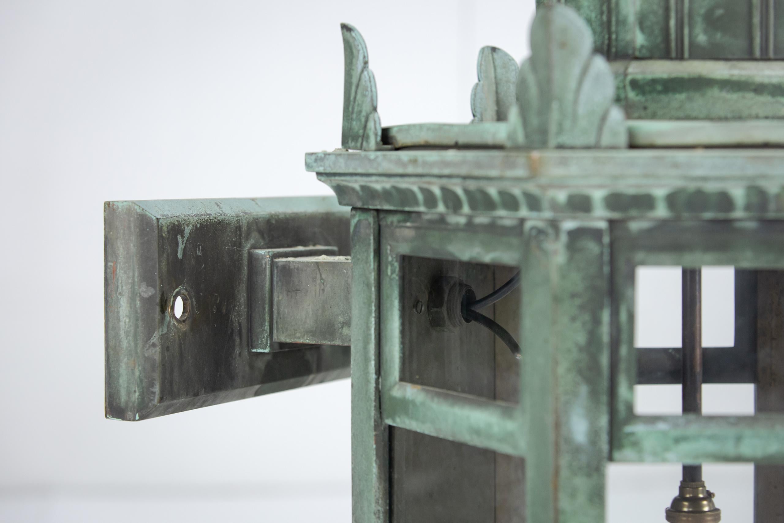 Monumental Pair of Bronze Wall Lanterns in Natural Verdigris Patination For Sale 6