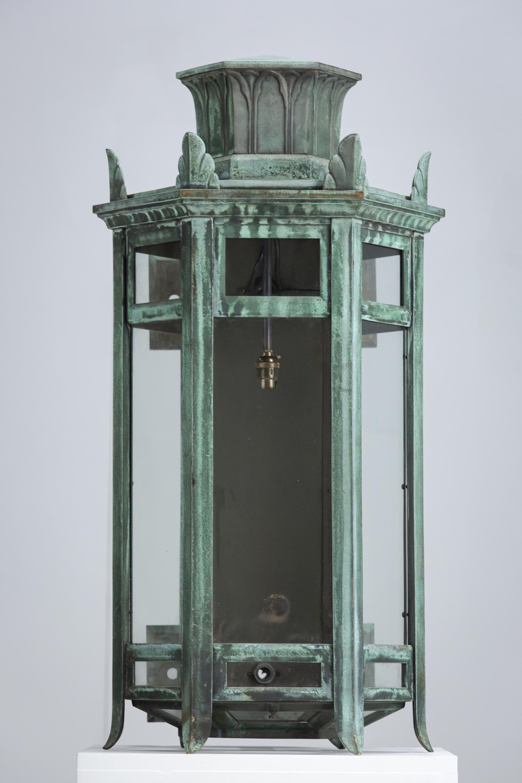 English Monumental Pair of Bronze Wall Lanterns in Natural Verdigris Patination For Sale
