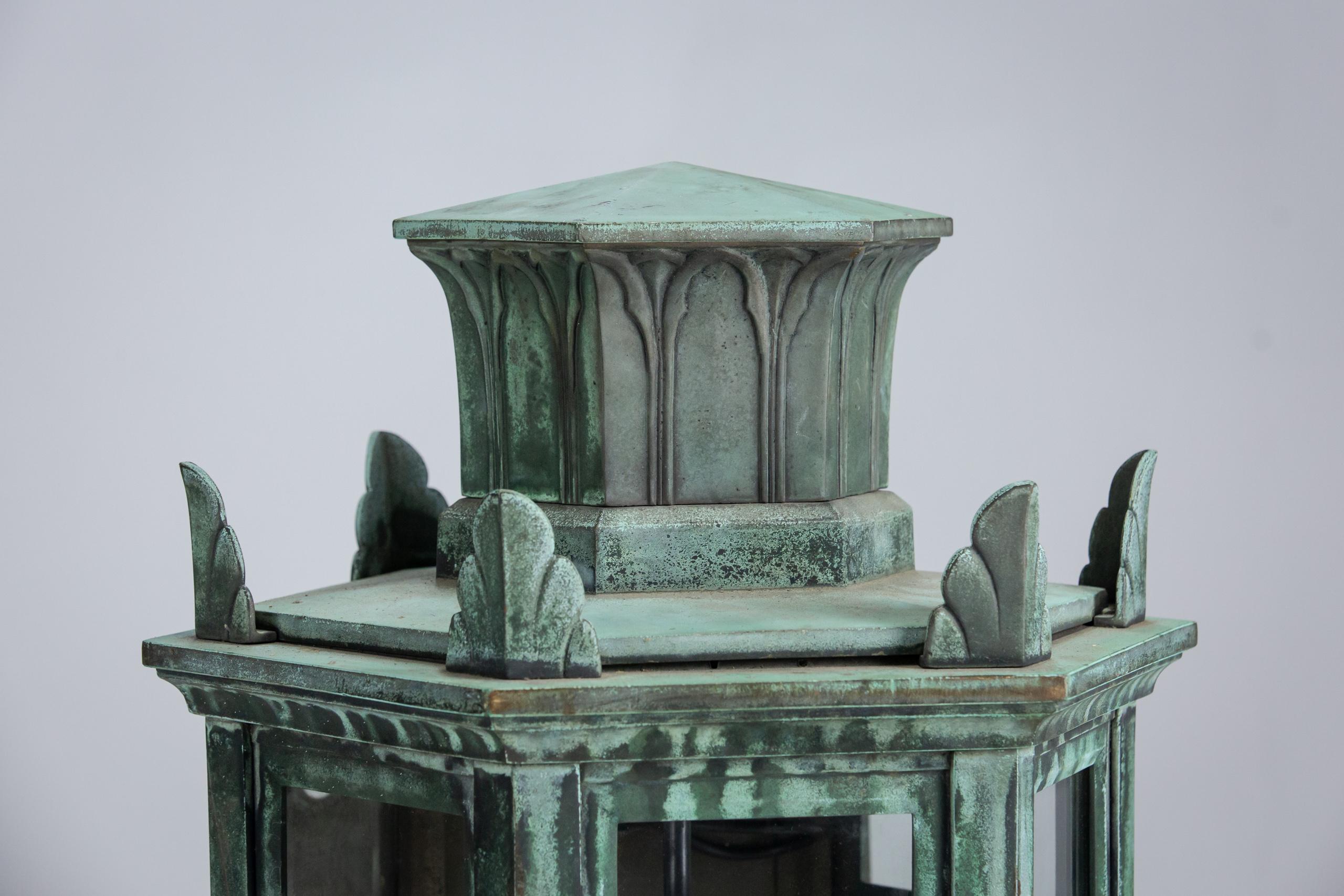 Monumental Pair of Bronze Wall Lanterns in Natural Verdigris Patination In Good Condition For Sale In Pease pottage, West Sussex