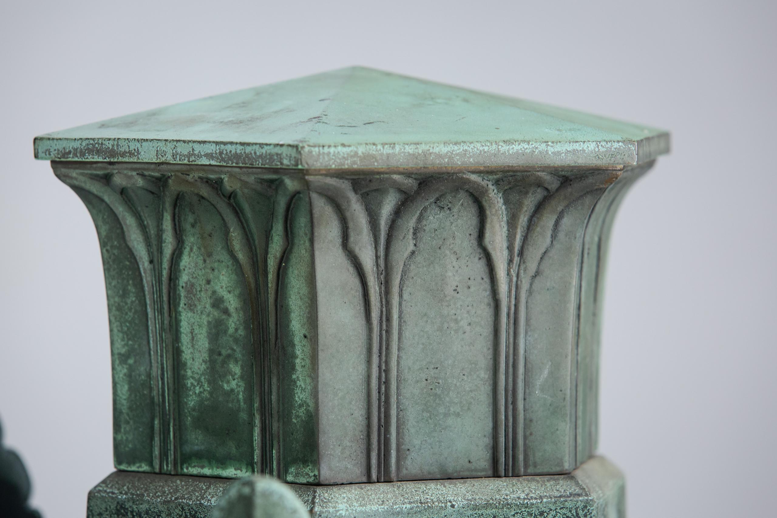 Monumental Pair of Bronze Wall Lanterns in Natural Verdigris Patination For Sale 1