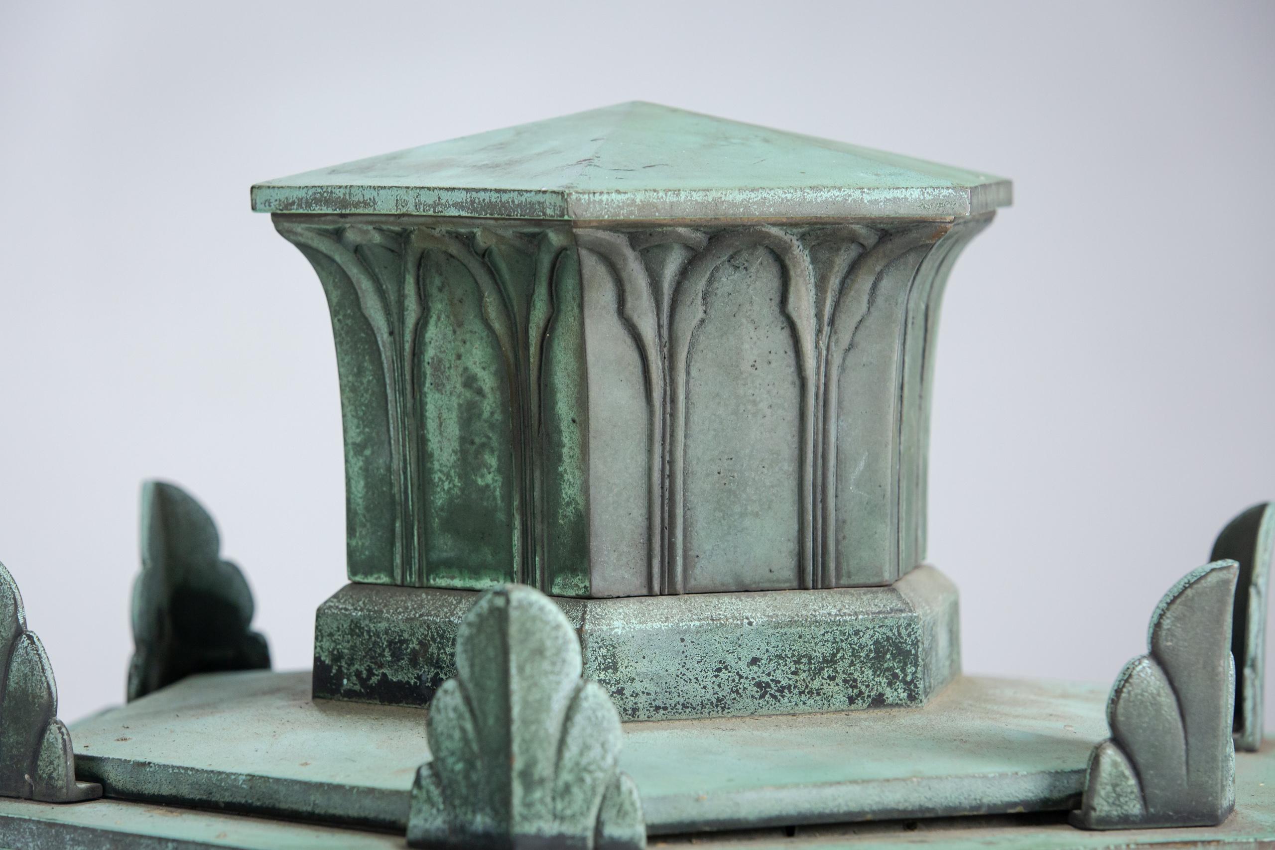 Monumental Pair of Bronze Wall Lanterns in Natural Verdigris Patination For Sale 2