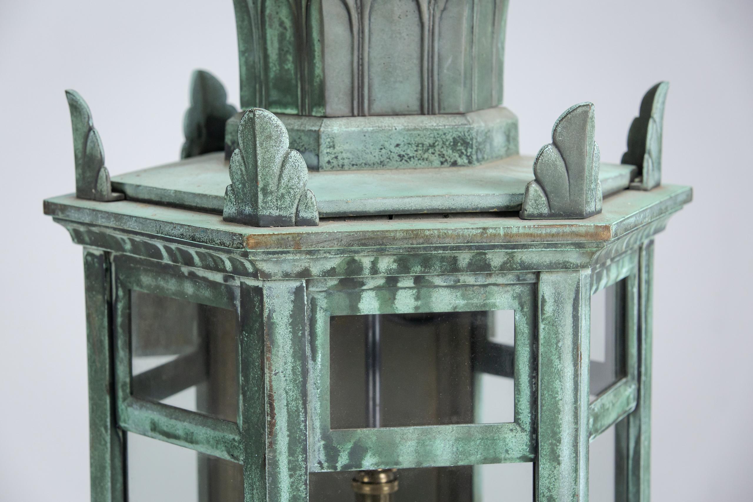 Monumental Pair of Bronze Wall Lanterns in Natural Verdigris Patination For Sale 3