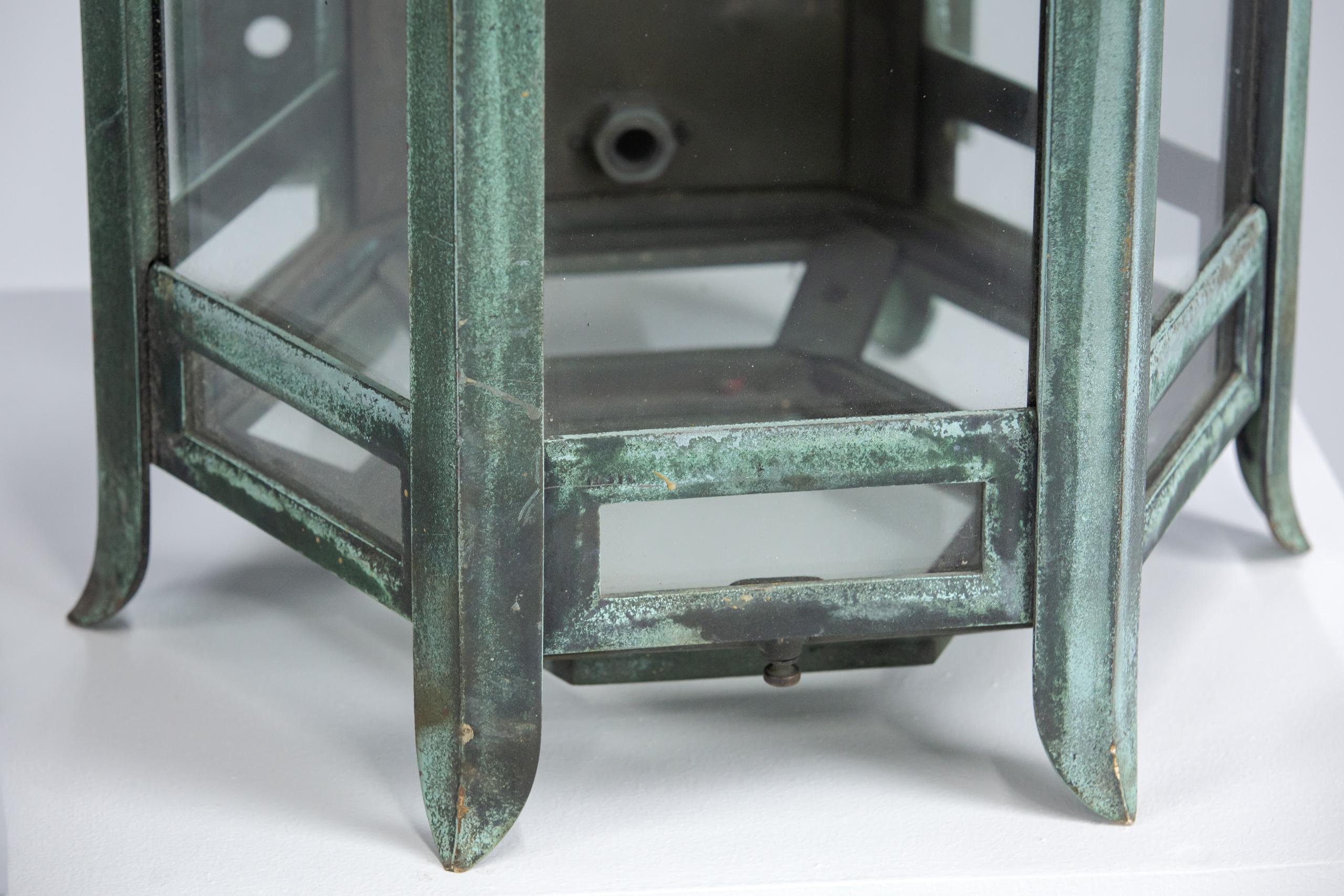 Monumental Pair of Bronze Wall Lanterns in Natural Verdigris Patination For Sale 4