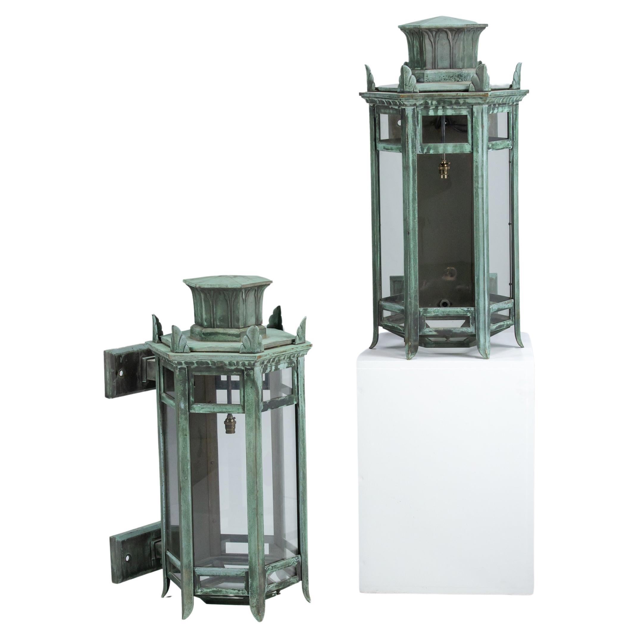 Monumental Pair of Bronze Wall Lanterns in Natural Verdigris Patination For Sale