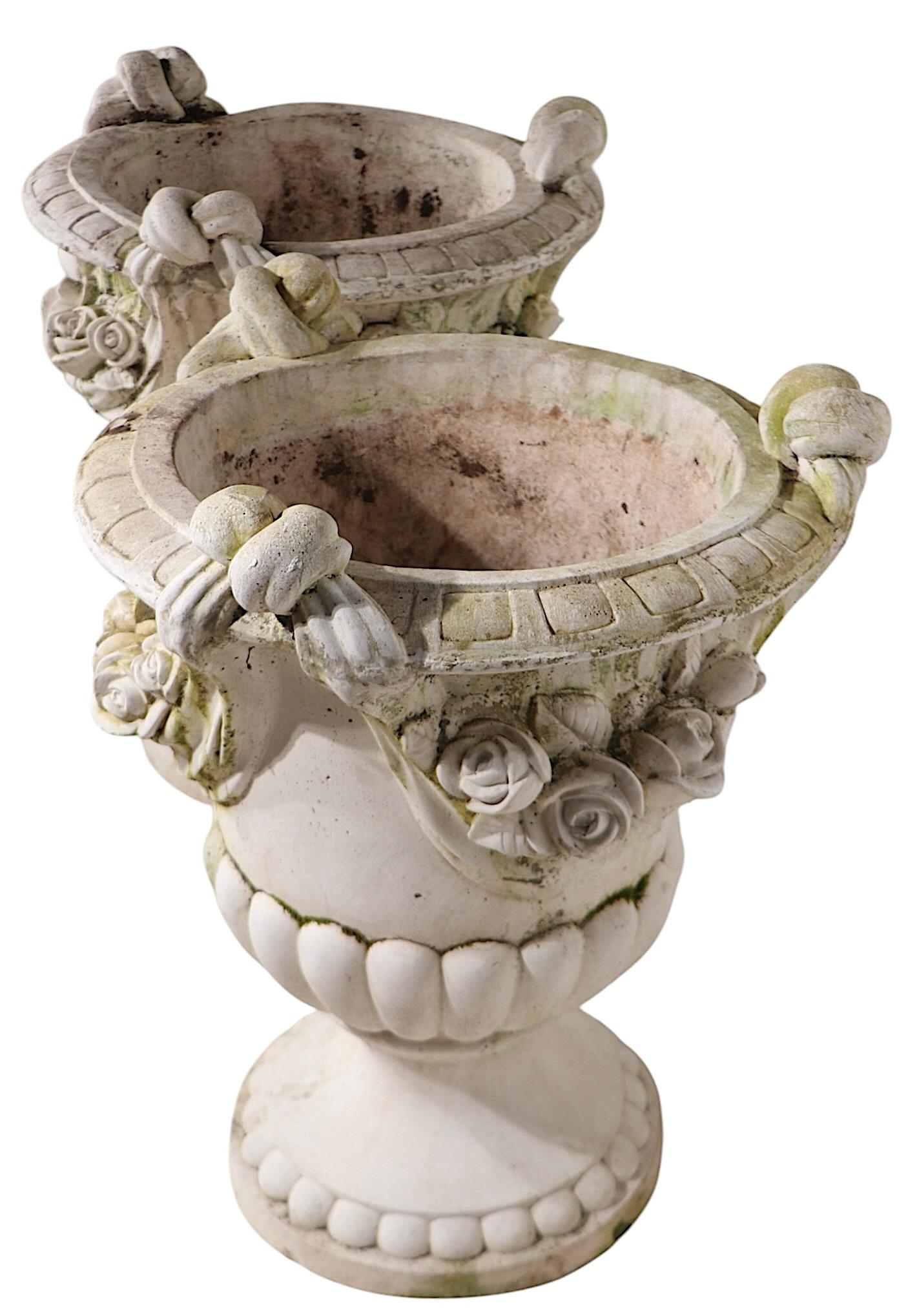 Monumental Pair of Cast Stone Urn Form Planters with Flower and Swag Decoration For Sale 5
