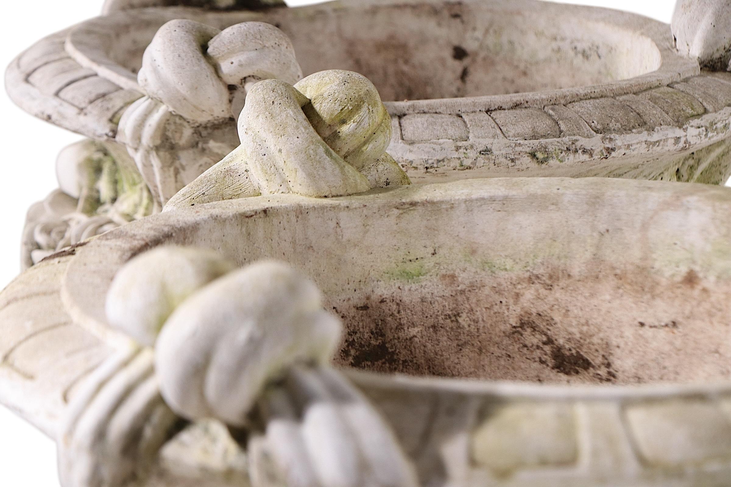 Monumental Pair of Cast Stone Urn Form Planters with Flower and Swag Decoration For Sale 6
